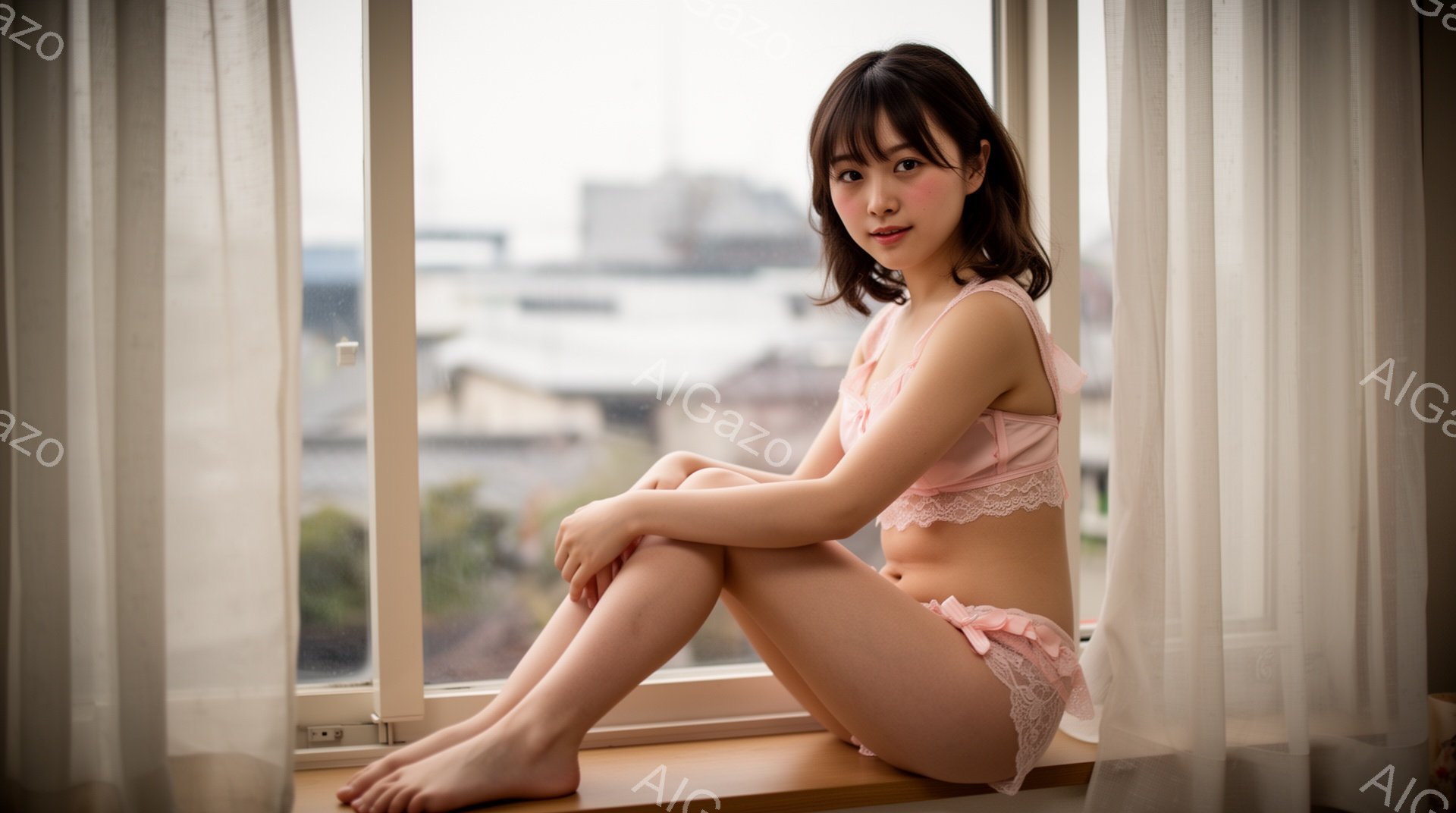 明るい窓辺に座る若い女性が写っています。淡いピンク色のレースのブラとショーツを身につけ、足を組んでリラックスした表情を浮かべています。背景には、雨の日のように見える街並みが広がり、柔らかい光が彼女を照 - AI生成フリー素材