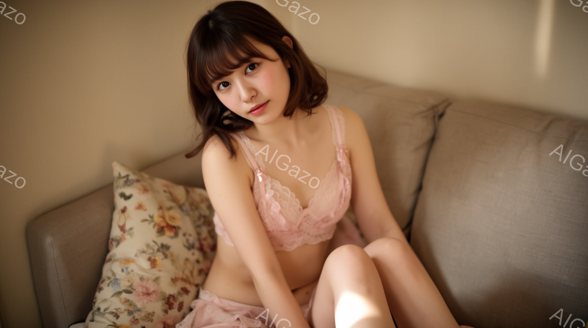 柔らかい日差しが差し込むリビングで、ピンク色のレースのブラとショーツを身に着けた若い女性がソファに座っています。肩までの長さの茶色の髪は少しカールしており、優しい微笑みを浮かべてカメラを見つめています - AI生成フリー素材