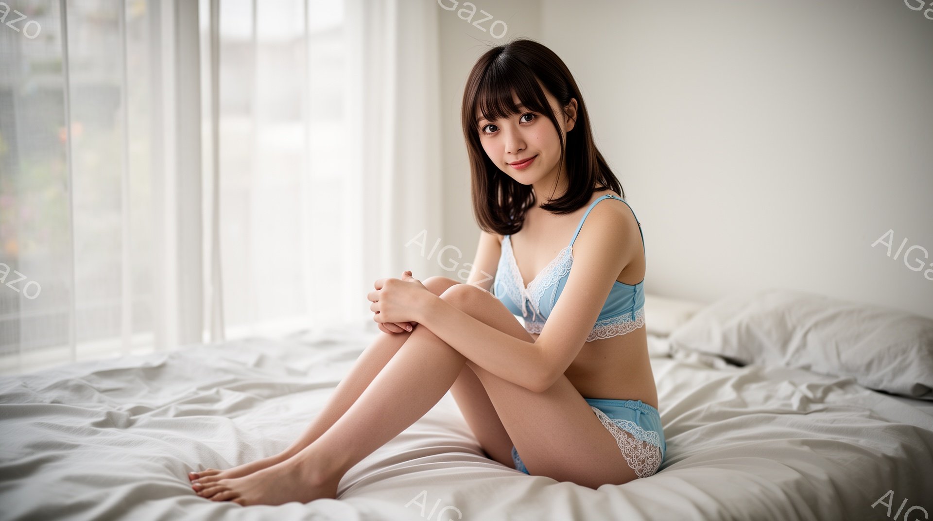 ベッドの上に座っている若い女性が写っています。彼女は水色のレースのブラとショーツを身につけ、膝を抱えて座り、穏やかな微笑みを浮かべています。背景は白く、自然光が差し込み、リラックスした雰囲気を作り出し - AI生成フリー素材