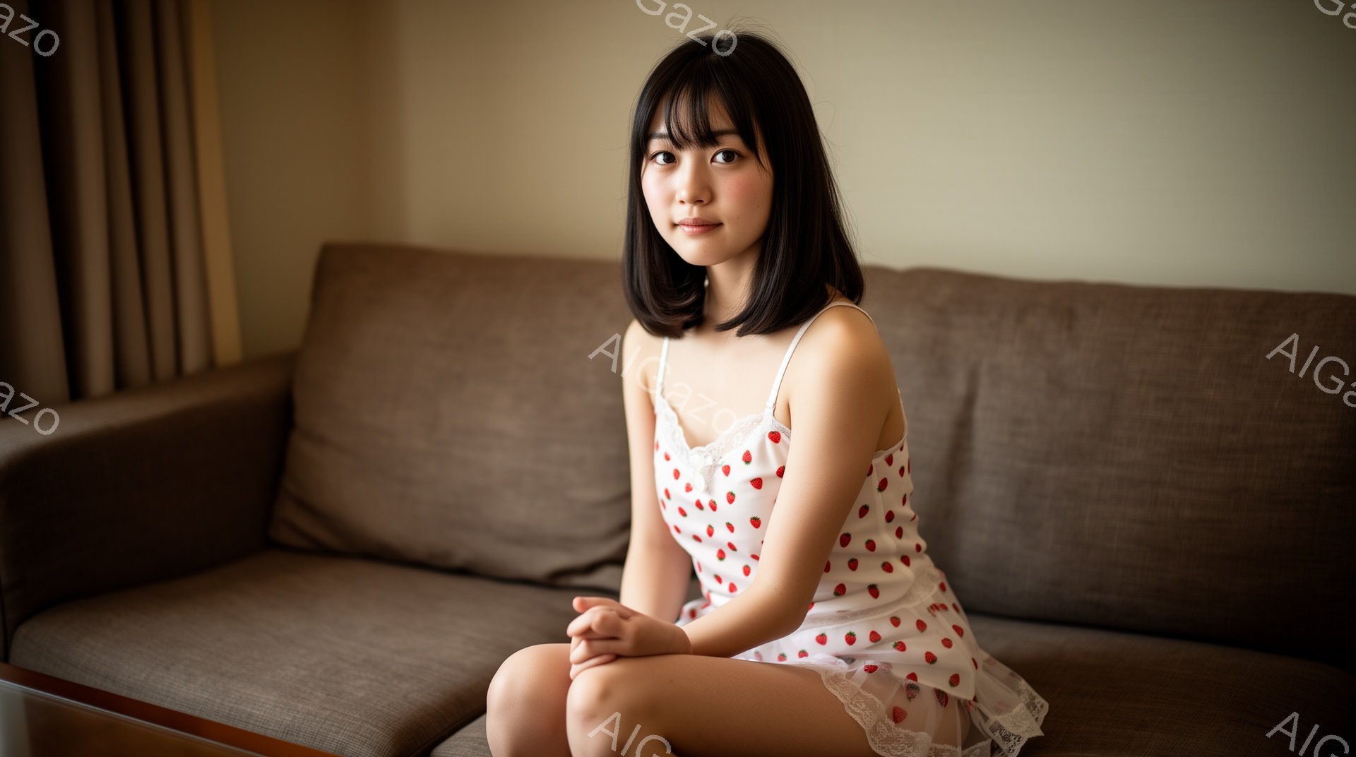 ショートカットで前髪が眉毛にかかる女性が、イチゴ柄のキャミソールワンピースを着て、ソファに座って膝を揃えています。彼女は穏やかな表情でカメラを見つめており、部屋全体は暖色系の落ち着いた雰囲気です。背景はぼかされており、窓からの自然光が柔らかく差し込んでいます。