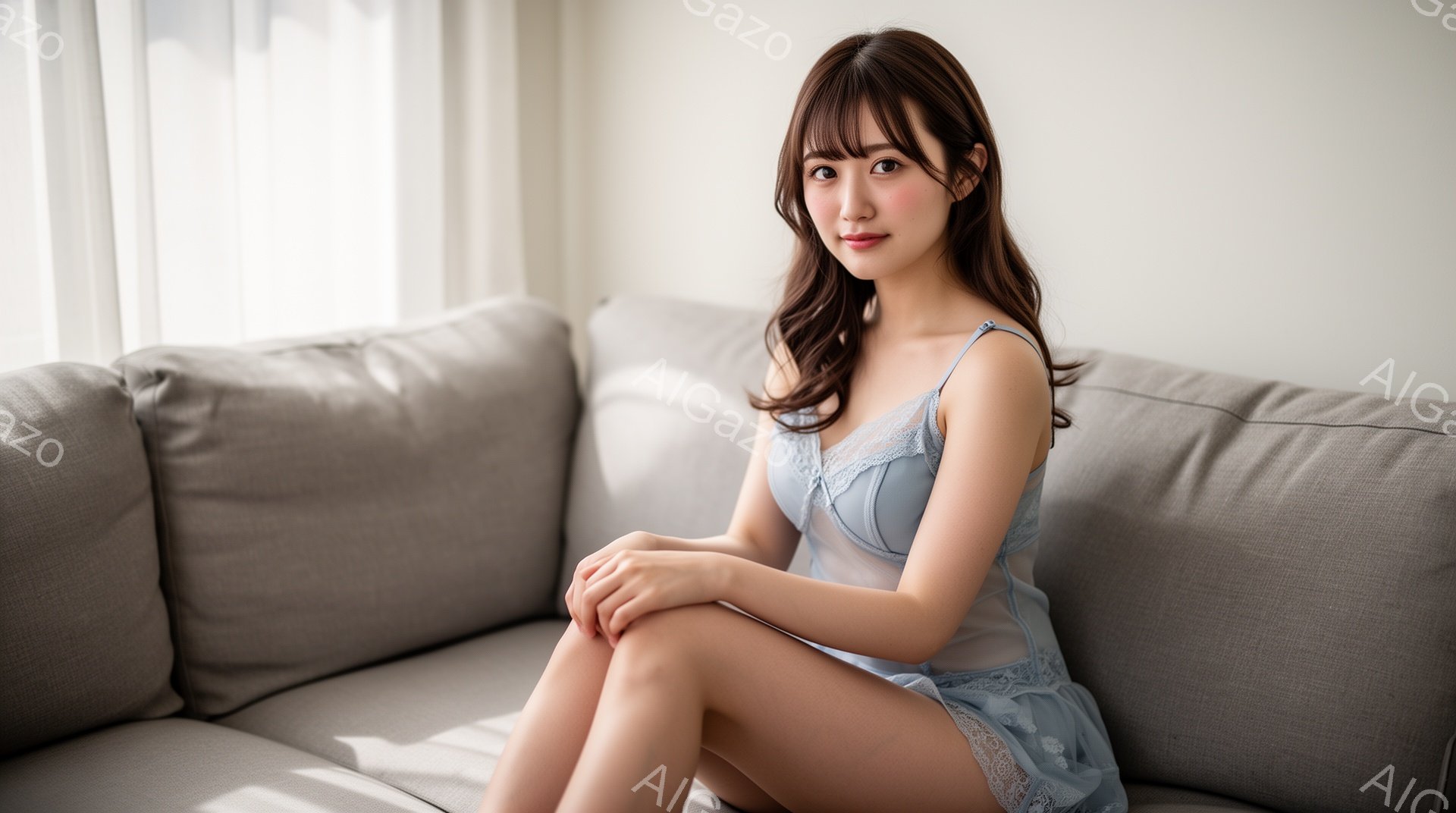 浅いブルーの透け感のあるキャミソールワンピースを着た若い女性が、グレーのソファに座ってこちらを見ている。彼女は肩までの長さの茶髪で、穏やかな笑顔を浮かべている。背景はシンプルで、自然光が入るリビングル - AI生成フリー素材
