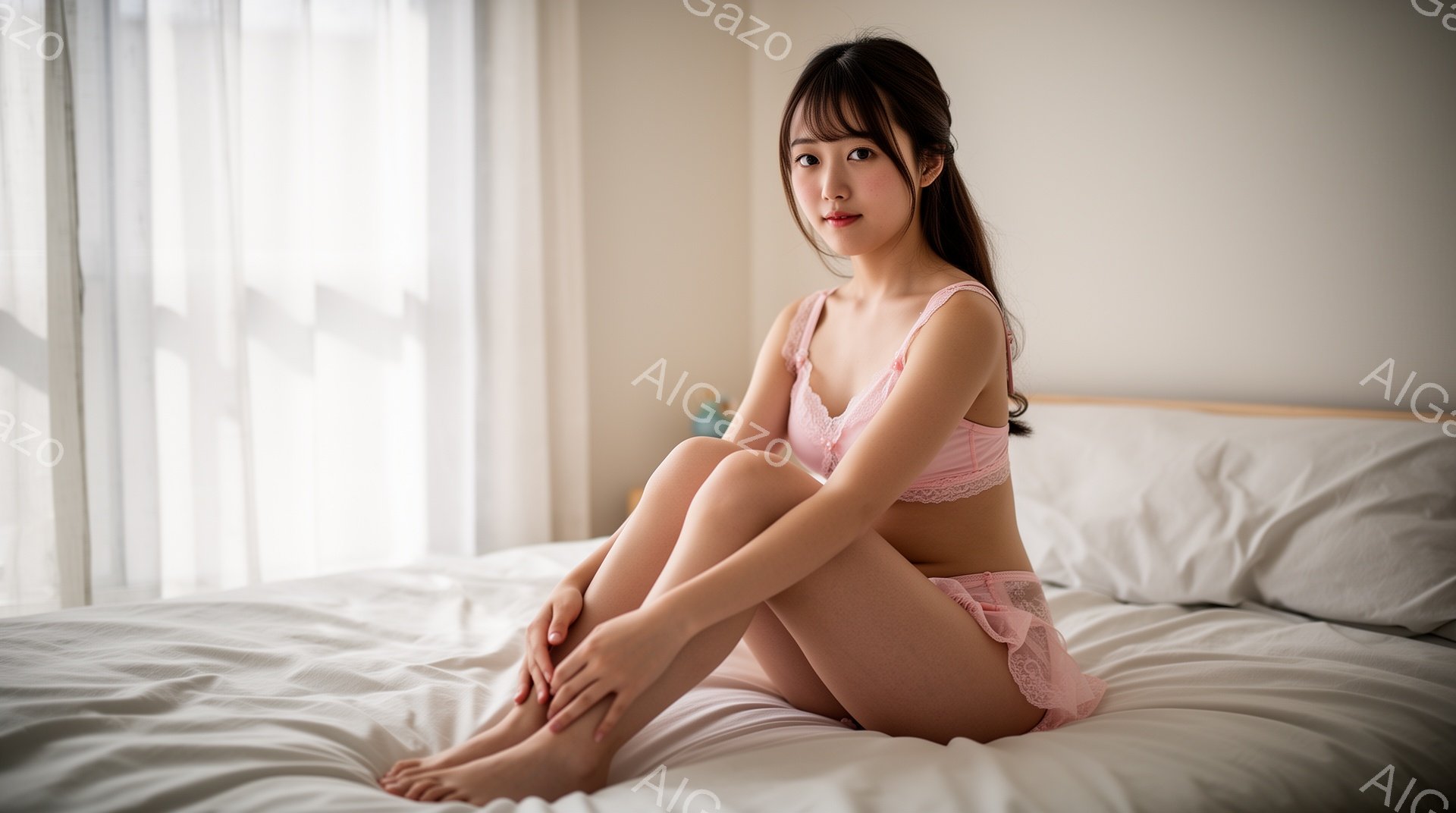 明るい部屋のベッドに座っている若い女性が写っています。ピンク色のレースのブラとショーツを身に着け、長い茶色の髪を後ろで束ねています。彼女は足を組み、優しく微笑み、明るく清潔感のある雰囲気が漂っています - AI生成フリー素材