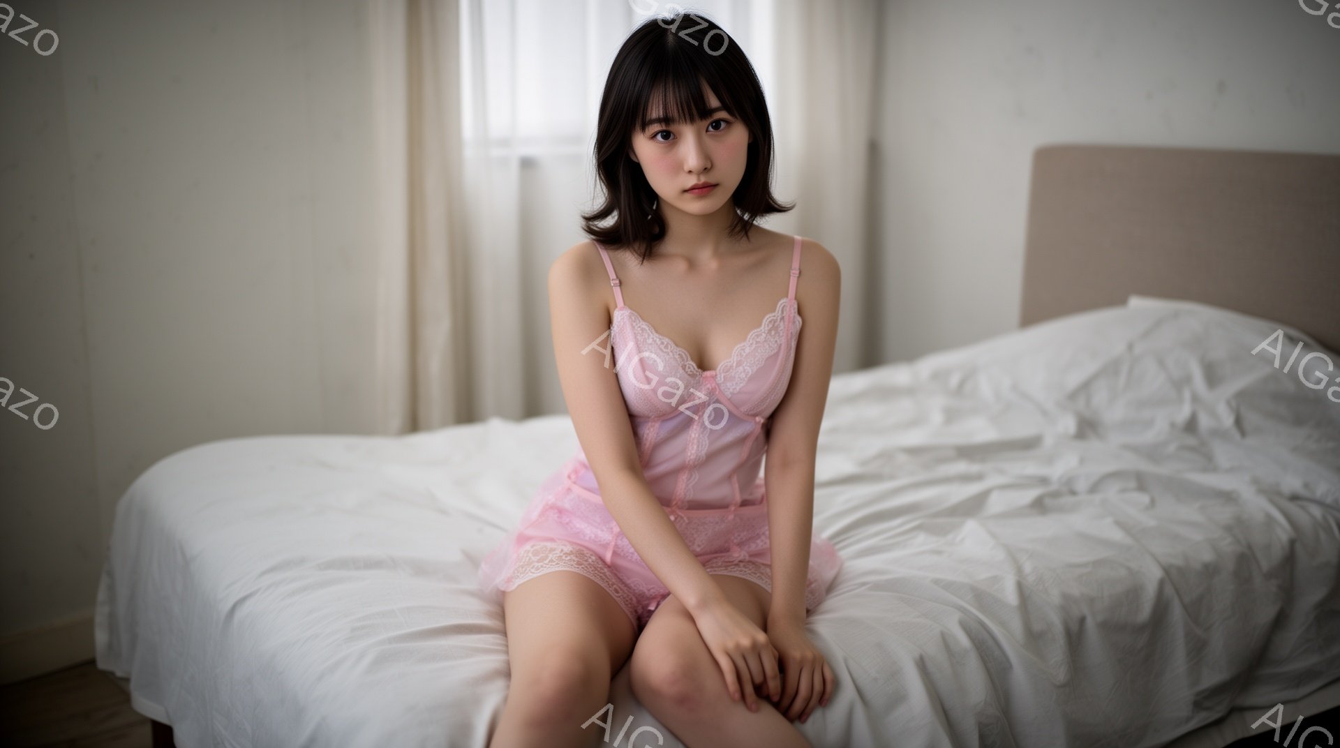 若い女性がベッドに座っており、淡いピンク色のレースのキャミソールとショートパンツを身につけています。彼女は長い黒髪で、少し憂いを含んだ表情をしています。背景はシンプルな寝室で、白い壁と白いベッドリネンが特徴的で、全体的にソフトで穏やかな雰囲気が漂っています。
