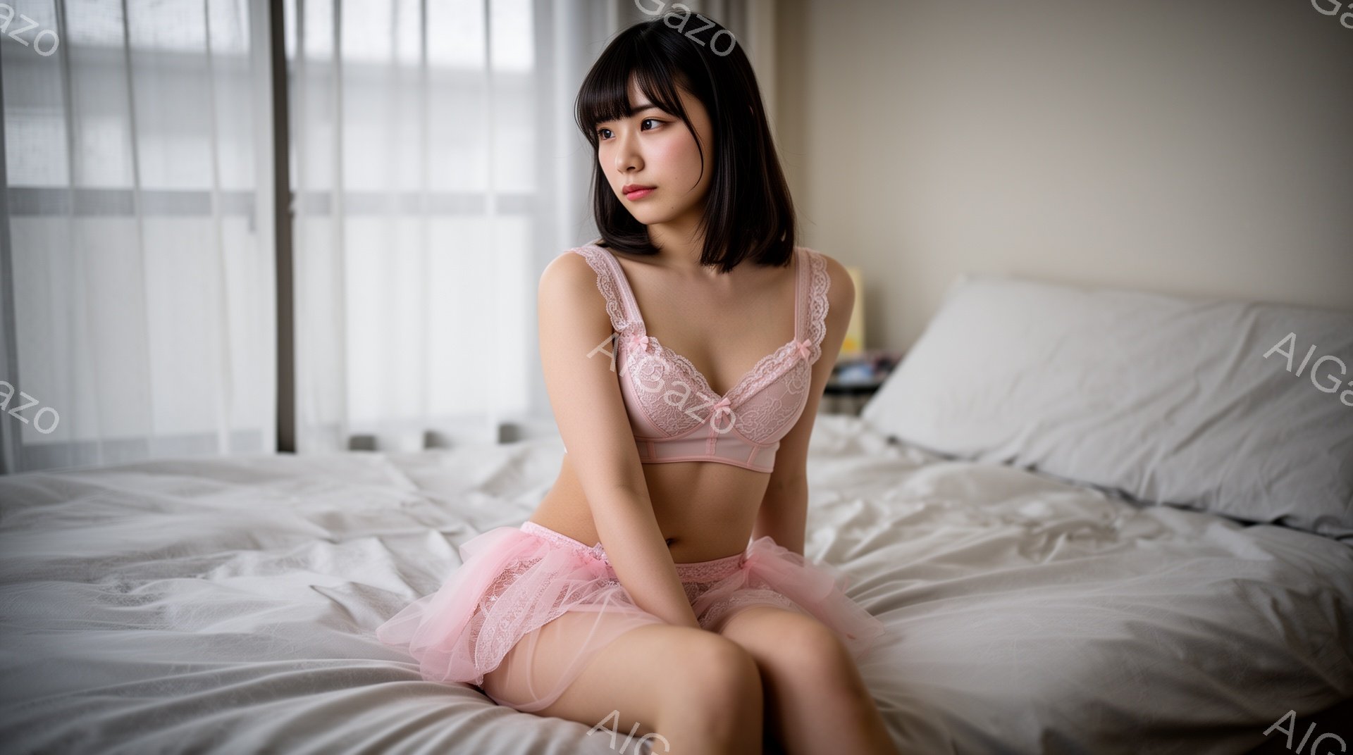 長い黒髪の女性が白いベッドの上に座っており、淡いピンク色のレースのランジェリーセットを着用しています。彼女は少し憂いのある表情で、遠くを見つめています。背景はぼやけており、窓から差し込む光が柔らかい雰 - AI生成フリー素材