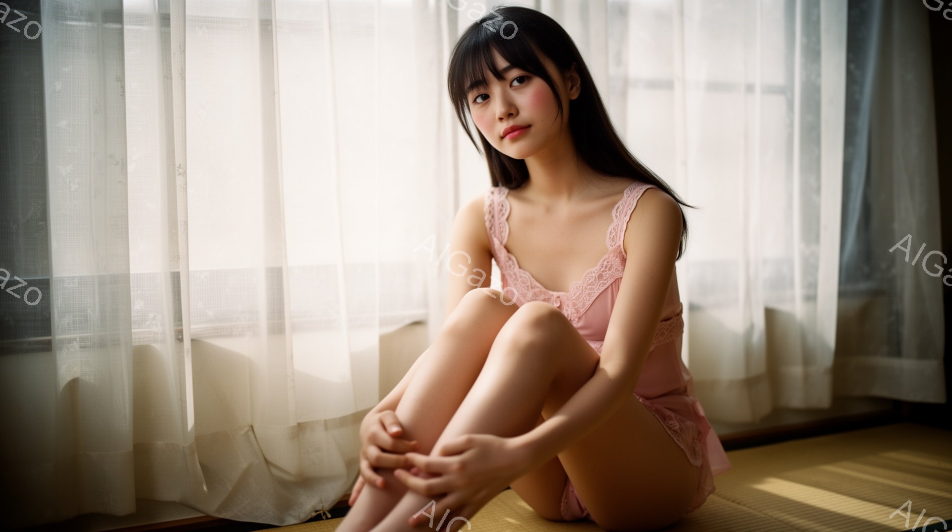 長い黒髪で前髪が少しカールした女性が、畳の上に座って膝を抱えています。淡いピンク色のレースのキャミソールとショーツ姿で、少し微笑んだ表情をしています。背景には白いカーテンが光を取り込み、柔らかく優しい - AI生成フリー素材