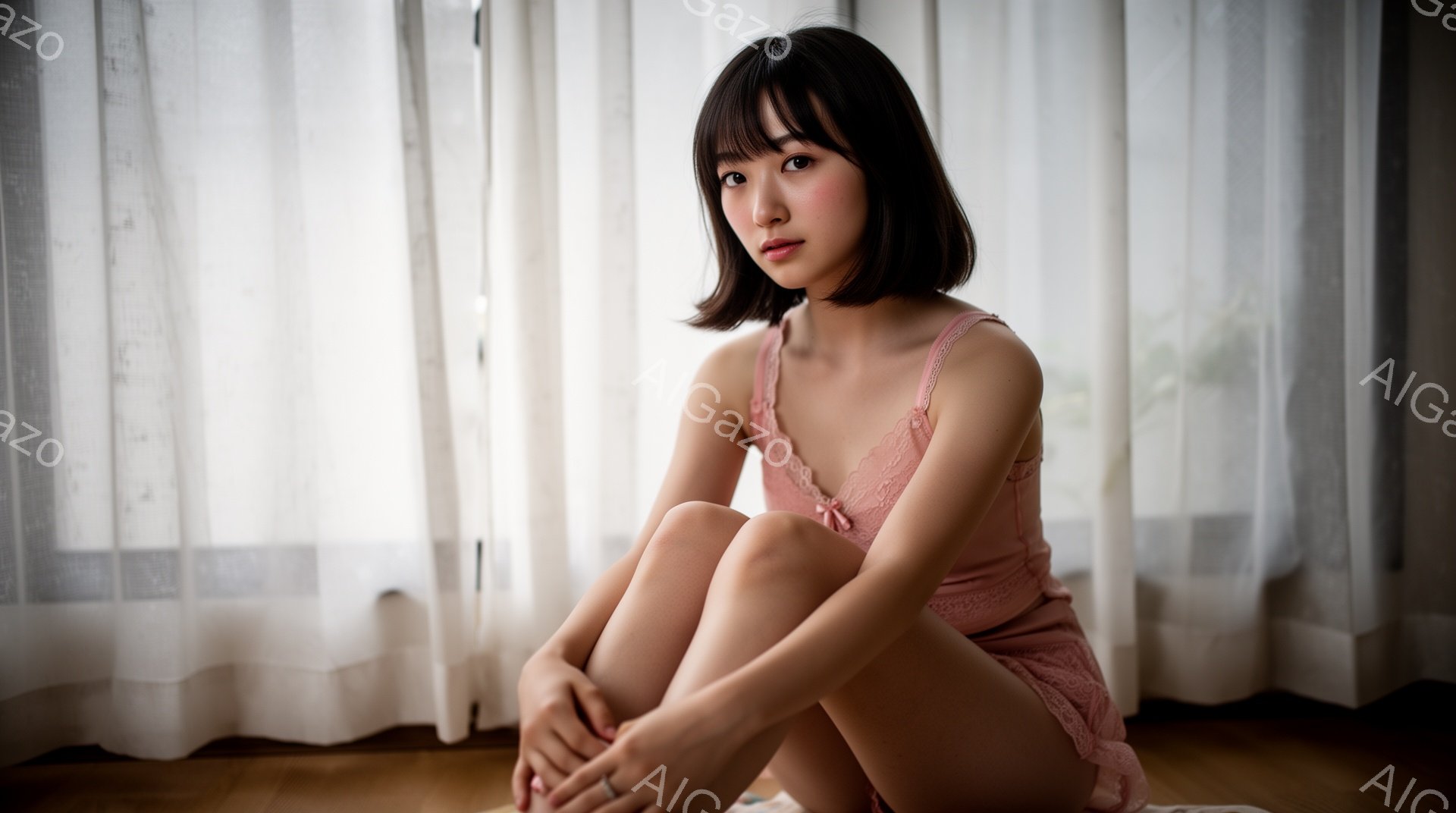 柔らかい日差しが差し込む室内で、女性が床に座って膝を抱えています。淡いピンク色のレースのキャミソールとショートパンツ姿で、黒いショートボブヘアから額にかかる前髪が特徴的です。控えめな微笑みと、どこか物 - AI生成フリー素材