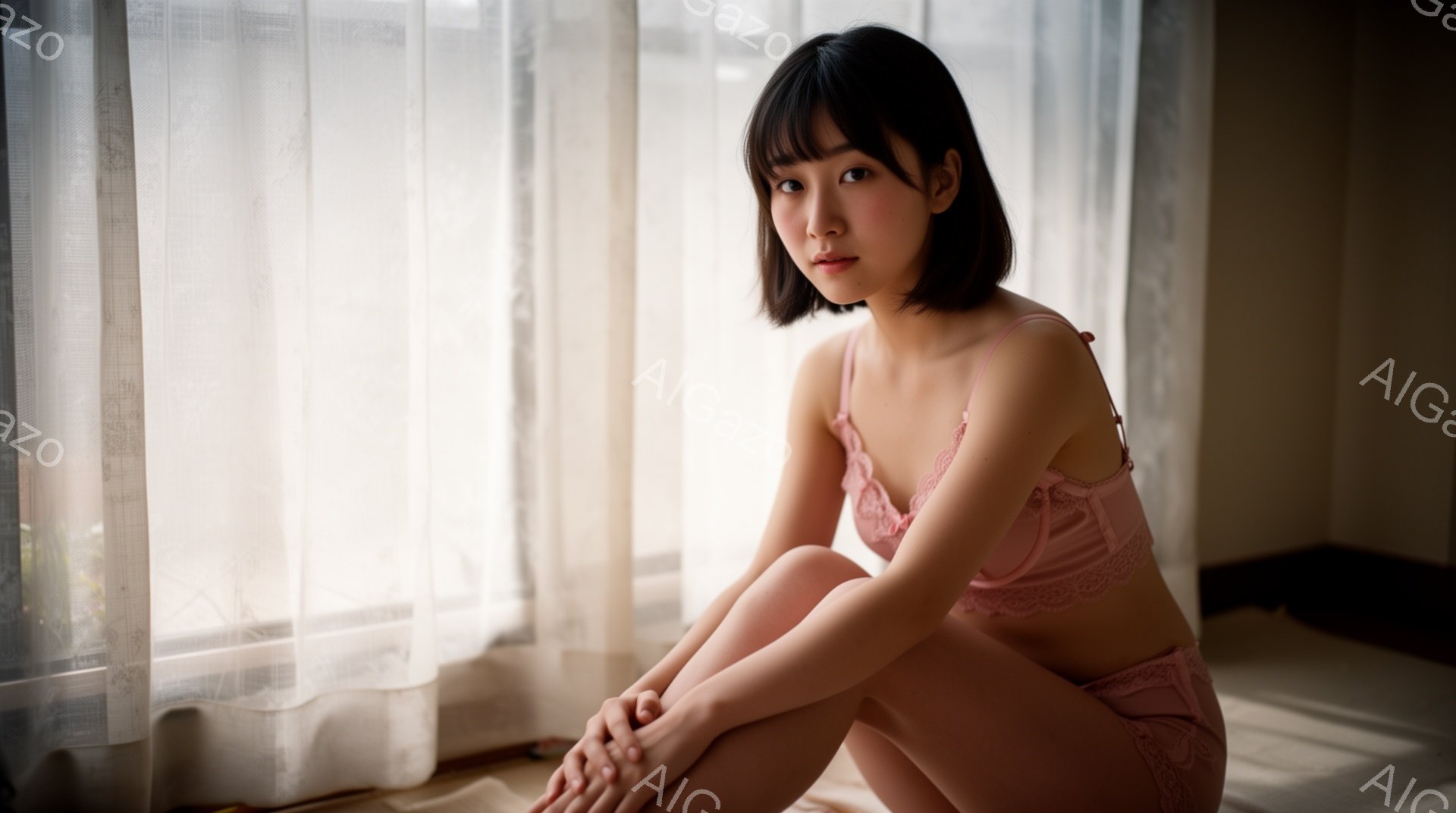 薄いピンク色のレースのブラとショーツを着用した若い女性が、畳の上に膝を抱えて座っている。彼女は黒髪のショートボブで、少し微笑んだ表情でカメラを見つめている。背景には白いカーテンが掛かっており、柔らかく - AI生成フリー素材