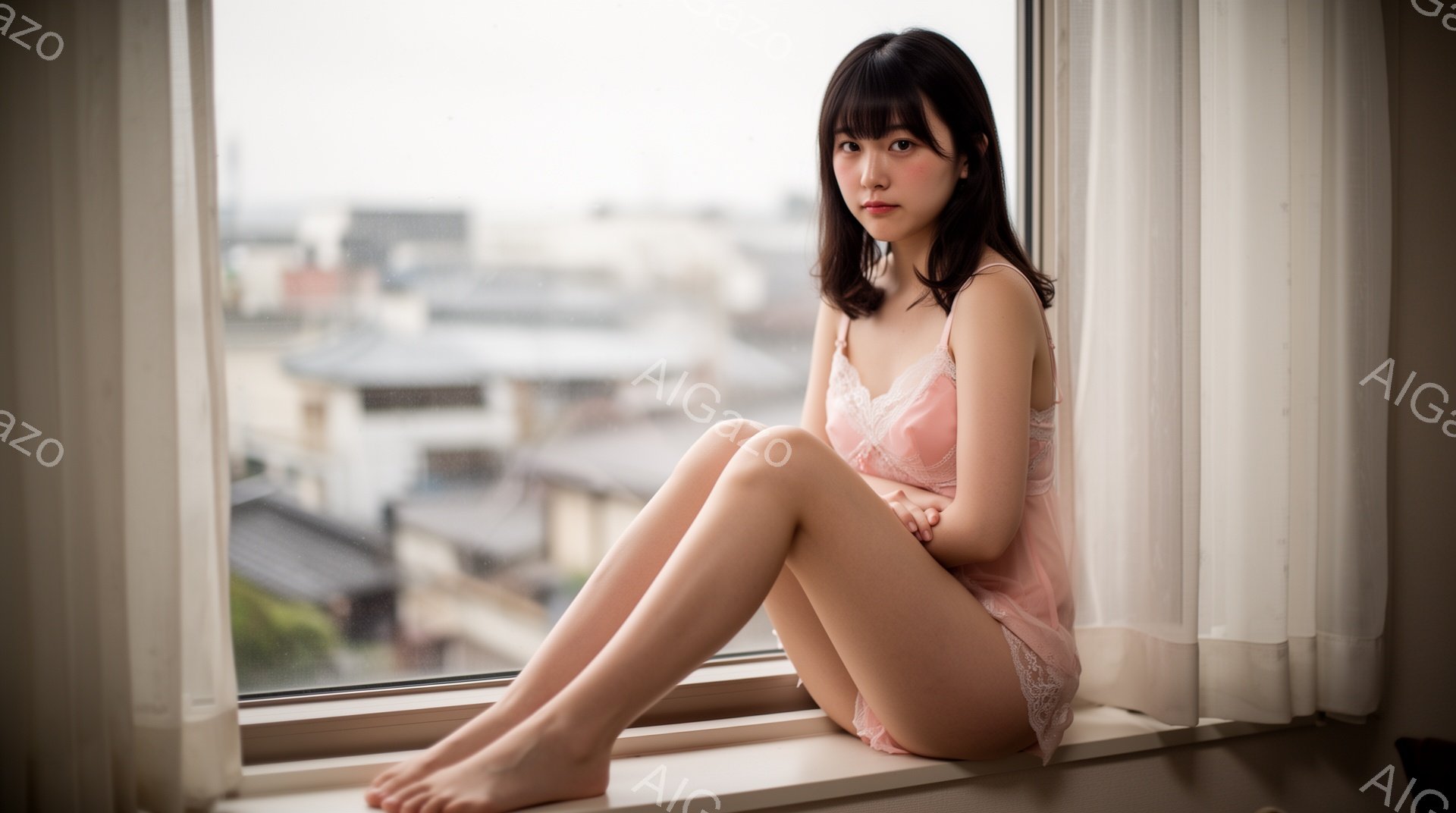 長い黒髪の女性が窓枠に座っており、淡いピンク色のレースのキャミソールドレスを身に着けています。彼女は足を組み、わずかに微笑みを浮かべており、落ち着いた表情をしています。背景には密集した建物が見え、曇り - AI生成フリー素材
