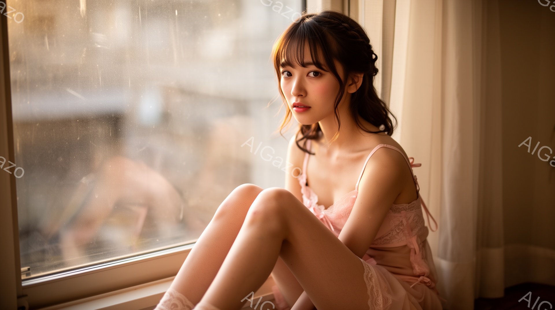 明るい窓辺に座る若い女性が写っている。淡いピンク色の肩紐付きのドレスを身につけ、膝を抱えて座っており、表情は穏やかで少し物憂げである。背景にはぼやけた建物が見え、柔らかい光が差し込み、全体的に優しい雰囲気である。