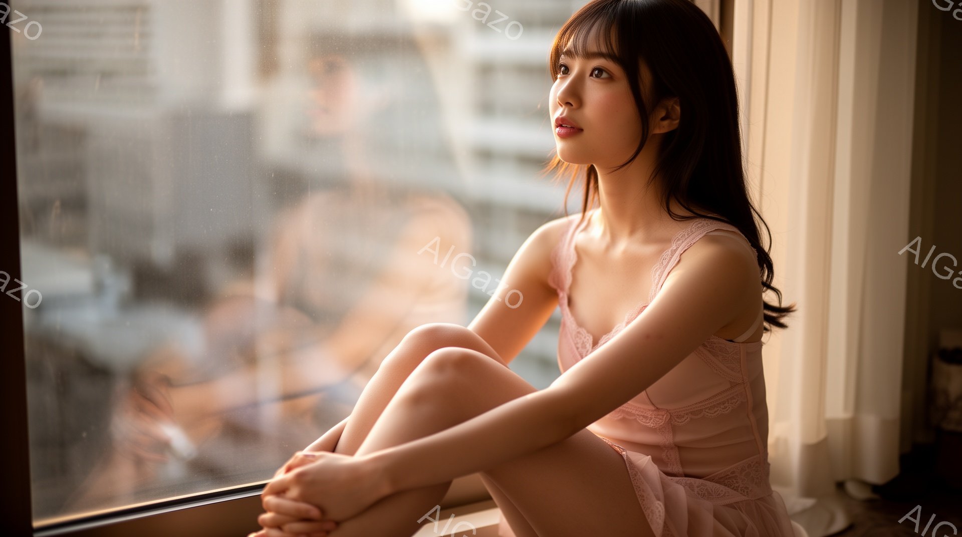 薄桃色の繊細なレースのワンピースを着た若い女性が、窓枠に座って外を眺めている。彼女は長い黒髪を肩にかけ、少し憂いを帯びた表情で、足を組み、膝を抱えている。窓の外にはぼやけた都市の風景が広がり、柔らかな - AI生成フリー素材