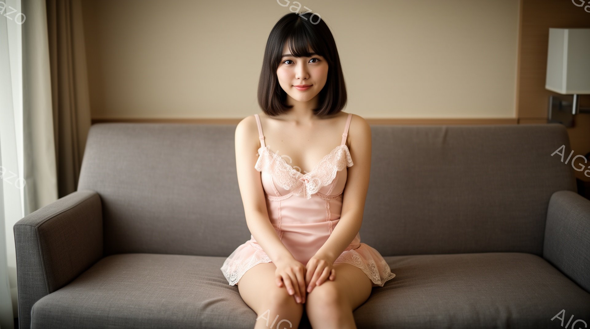膝を揃えてベージュのソファに座っている若い女性が写っています。淡いピンク色のレース装飾のキャミソールワンピースを着ており、肩まで届く黒髪を自然なストレートで下ろしています。穏やかな微笑みを浮かべ、リラ - AI生成フリー素材