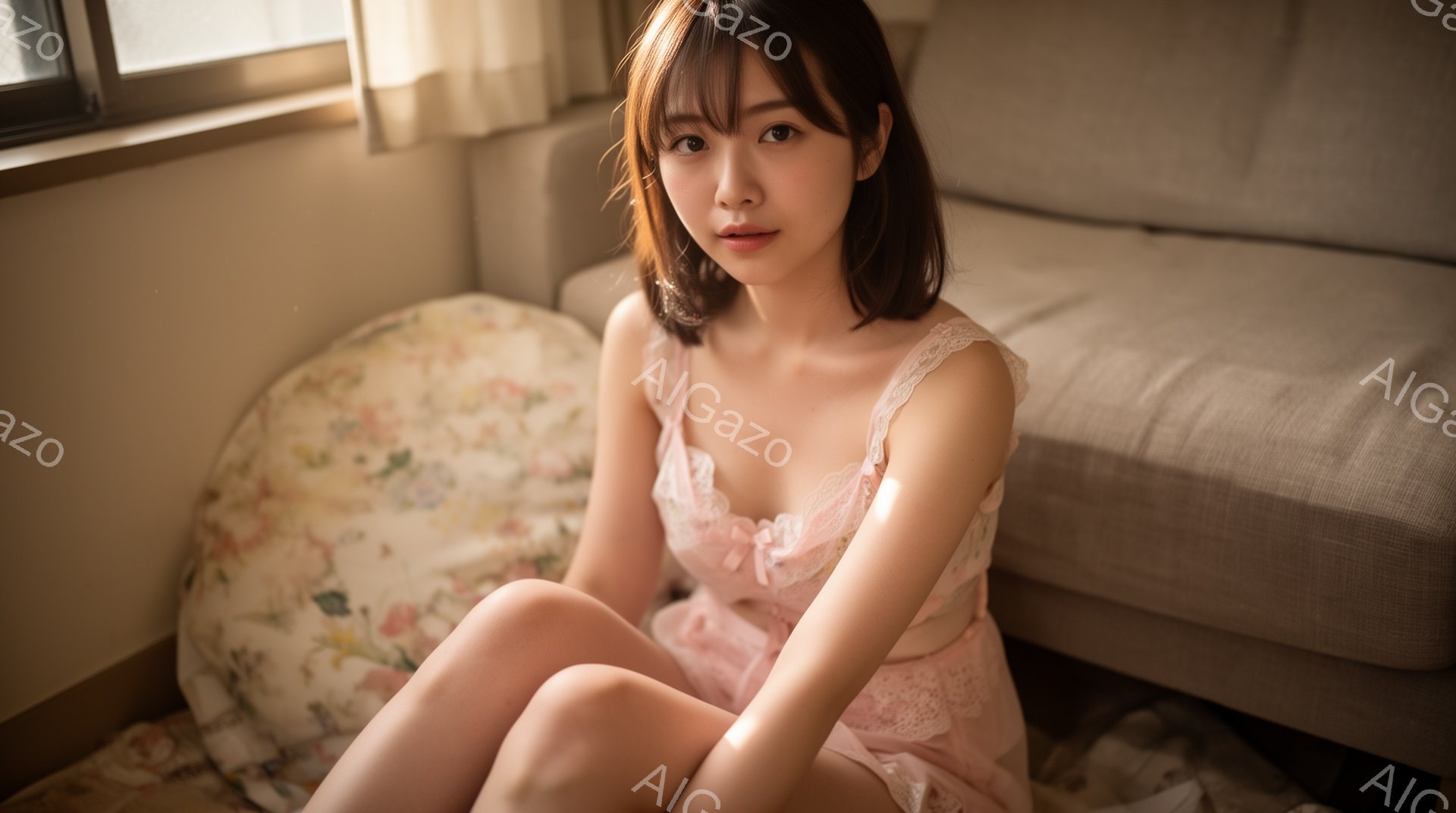 淡いピンク色のキャミソールワンピースを着た若い女性が、床に座ってこちらを見ている。彼女は肩までの長さのダークブラウンの髪を持ち、わずかに微笑んでいる。背景にはベージュ色のソファと窓があり、全体的に柔ら - AI生成フリー素材