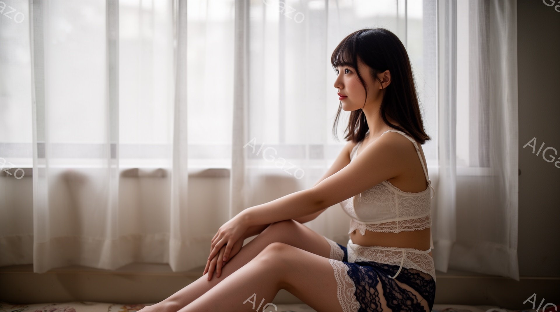 長い黒髪に前髪を作した女性が、白いレースのブラと紺色のレースの付いたショートパンツを身につけて床に座っています。彼女は少し横を向き、物憂げな表情で遠くを見つめており、どこか寂しげな雰囲気を醸し出してい - AI生成フリー素材