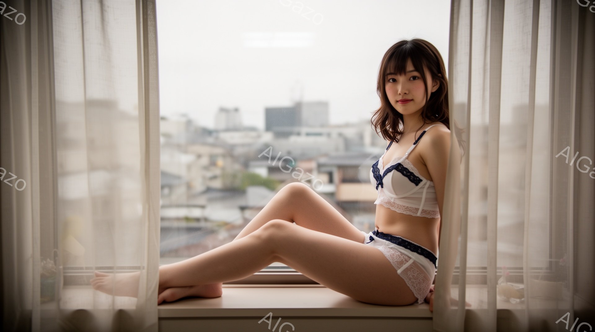 長いダークブラウンの髪を下ろした若い女性が、窓枠に座ってこちらを見ている。白いレースのブラと青いエッジのショーツを身に着け、素足で窓枠に座る姿はリラックスしているが、どこか挑発的な雰囲気を漂わせる。背景には高層ビル群が広がり、どんよりとした曇り空が広がっている。