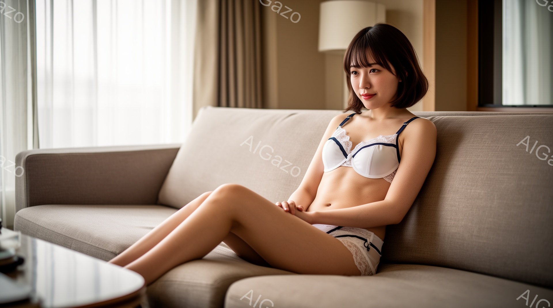 長いダークブラウンの髪をセンターパートにした女性が、ベージュ色のソファに座っています。白いレースのブラとショーツを身につけ、リラックスした表情でカメラを見ています。背景には窓があり、明るい自然光が差し - AI生成フリー素材