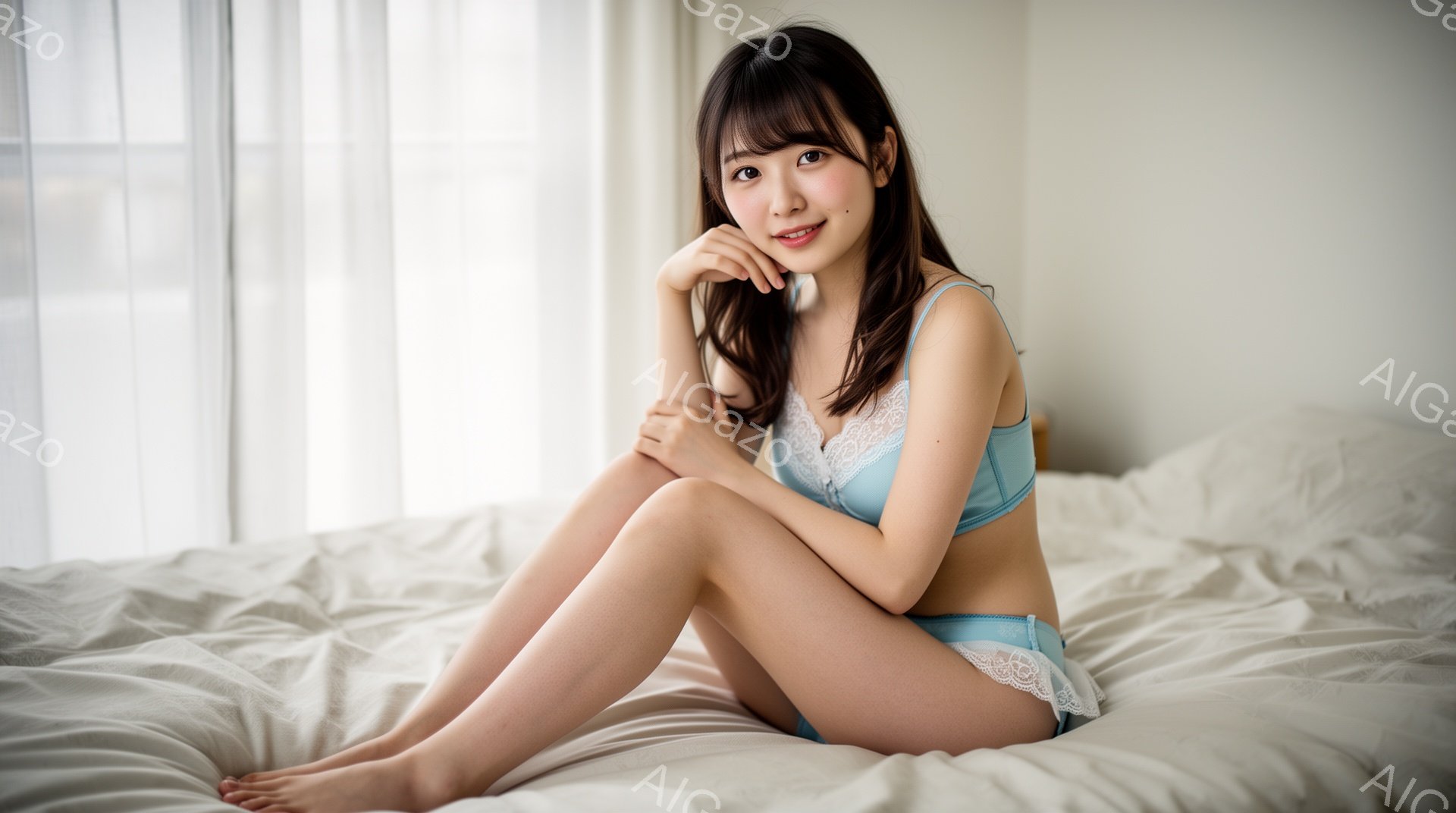 浅い水色のレースのブラとショーツを身に着けた若い女性が、白いベッドの上に座って膝を曲げています。彼女は微笑んでおり、頬に手を当ててポーズをとっています。背景はぼやけた白いカーテンで、部屋全体が柔らかく - AI生成フリー素材