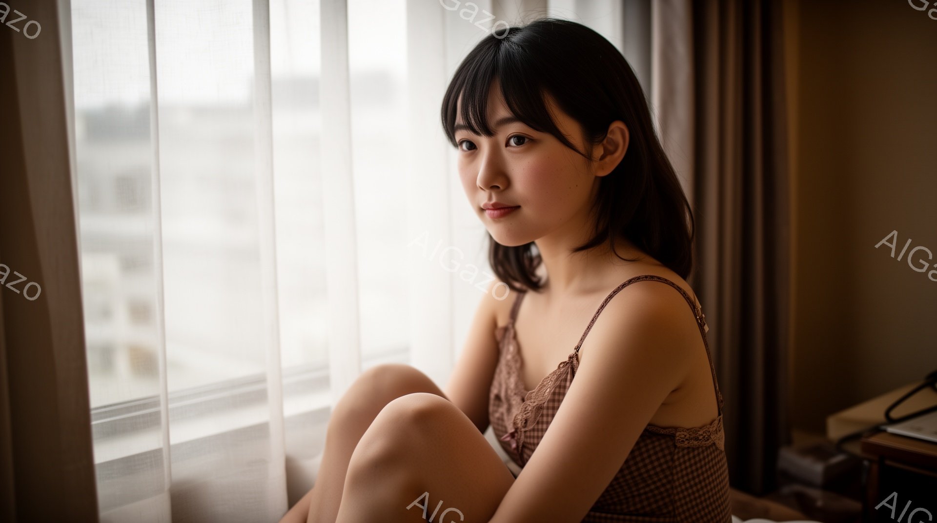 明るい窓辺に座る若い女性は、チェック柄のキャミソールワンピースを着ています。彼女は黒髪のショートボブで、少し微笑んだ表情でカメラを見ています。背景には白いカーテンと窓の外のぼやけた街並みが写っており、 - AI生成フリー素材