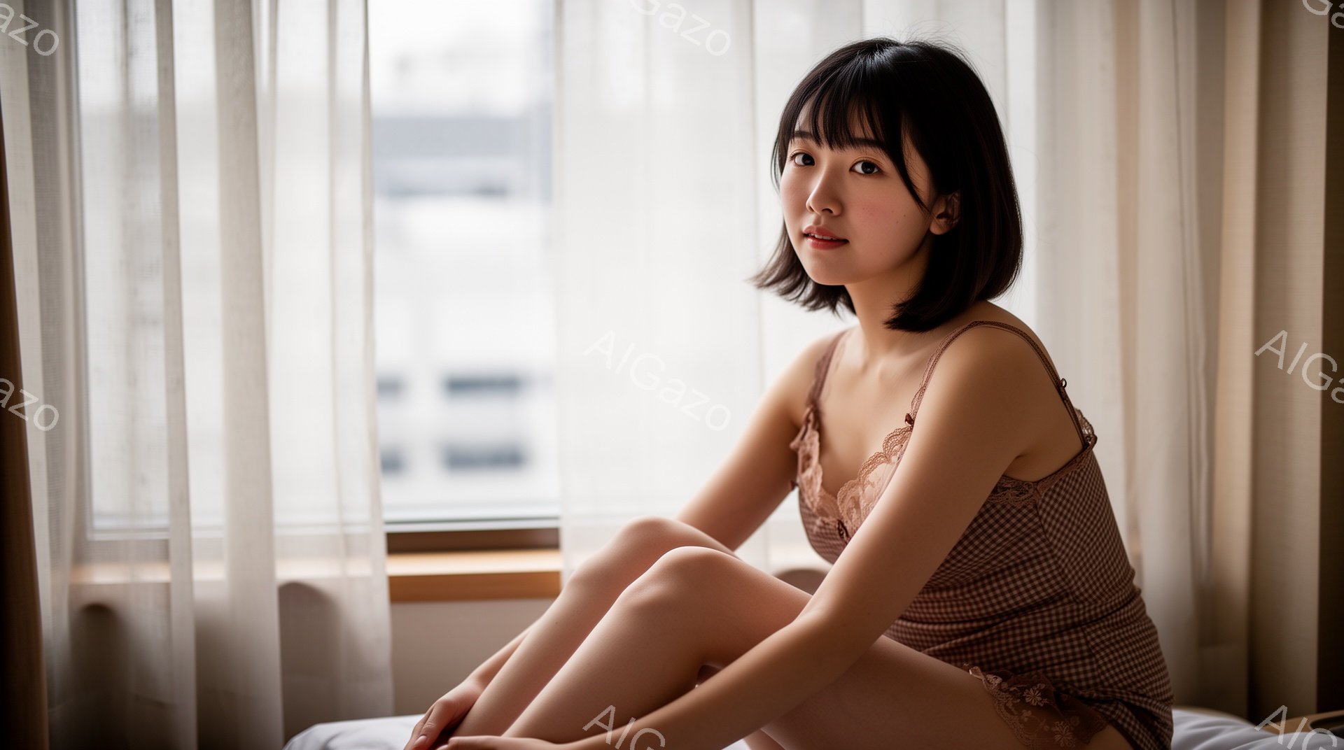 明るい色のチェック柄キャミソールドレスを着た若い女性が、白いレースの縁取りが上品です。彼女はベッドに座り、片方の足を曲げてリラックスしたポーズをとっています。背景には窓と、ぼんやりと見える都市の建物が - AI生成フリー素材