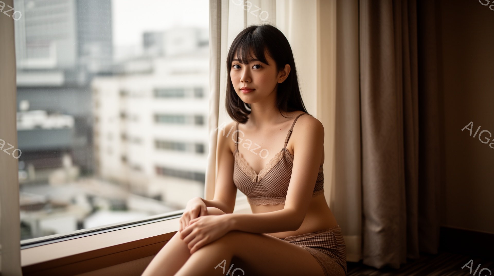窓辺に座る若い女性は、レースのブラとチェック柄のパンツを着用しています。彼女は長い黒髪で、穏やかな表情を浮かべています。背景には高層ビルが見え、曇り空が広がっており、室内は落ち着いた雰囲気を醸し出して - AI生成フリー素材