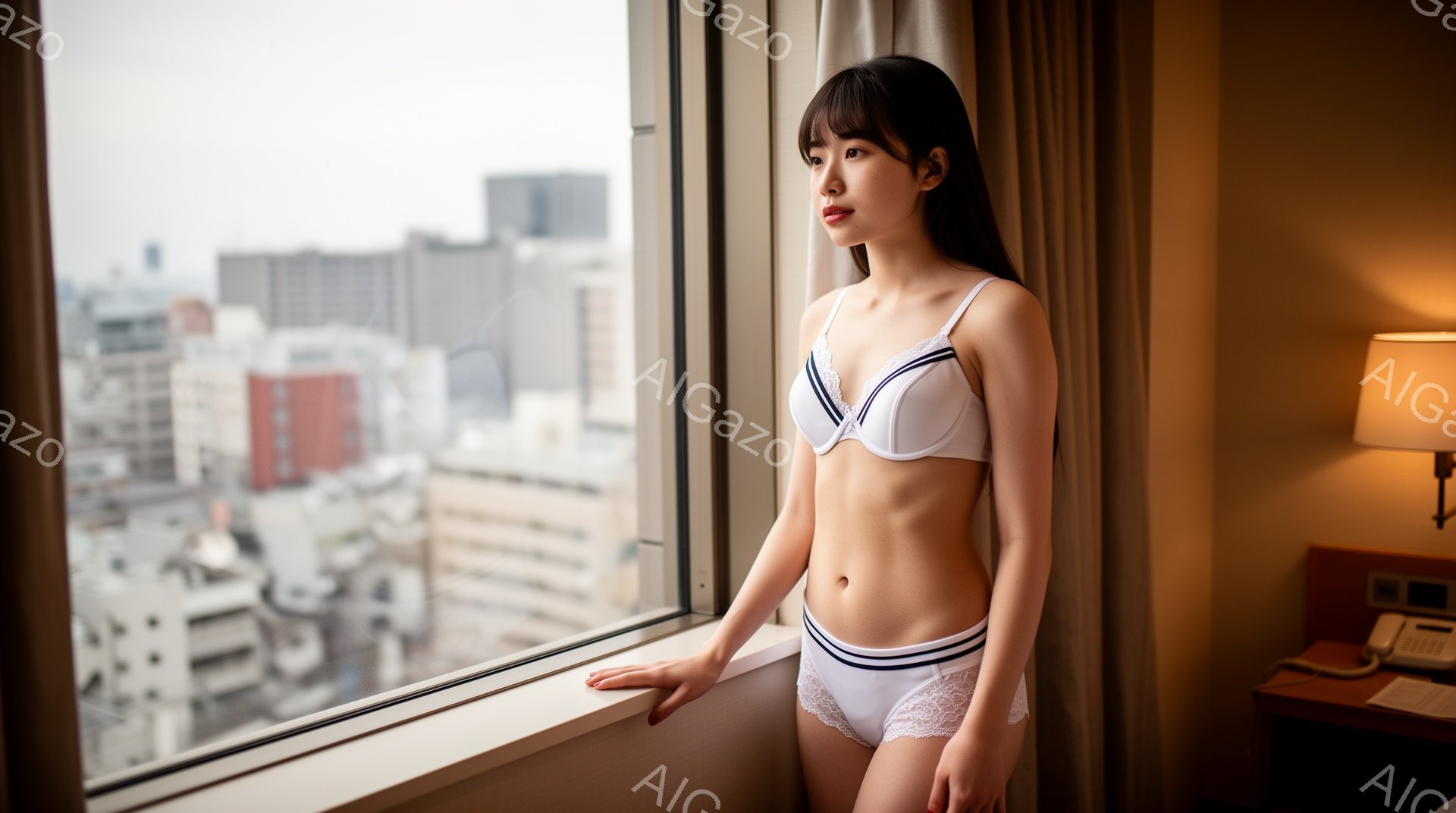 長い黒髪を肩で分けている女性が、窓際に立っています。白いレースのブラとショーツ姿で、やや物憂げな表情で遠くを見つめています。窓の外には高層ビル群が広がり、曇り空の下、都会の風景が広がっています。 - AI生成フリー素材