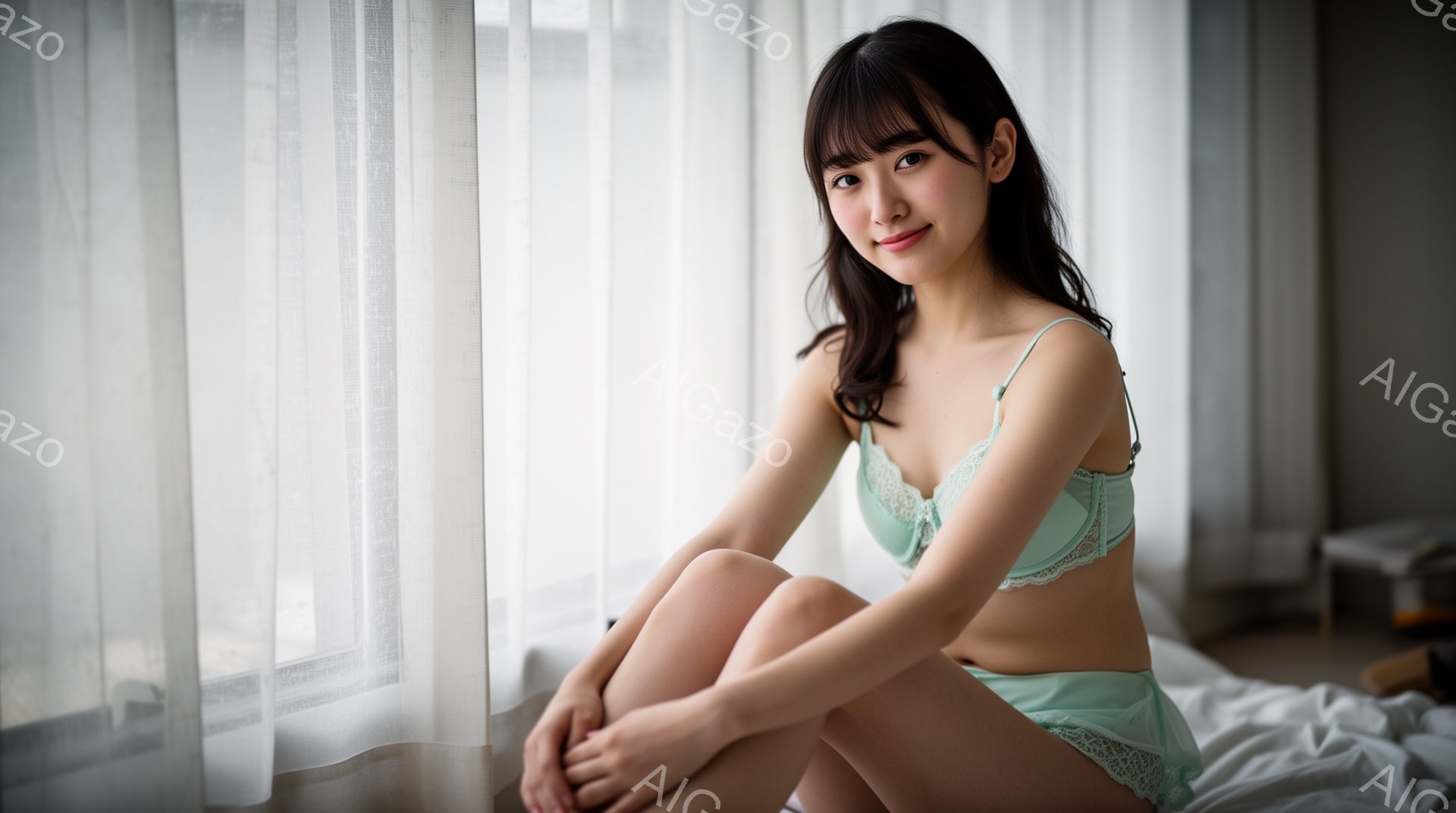 ターコイズブルーのレースのブラとショーツを着用した若い女性が、白いシーツの上に座ってこちらを見ています。彼女は長い黒髪で、前髪が目にかかるヘアスタイルで、穏やかな笑顔を浮かべています。背景には白いカー - AI生成フリー素材