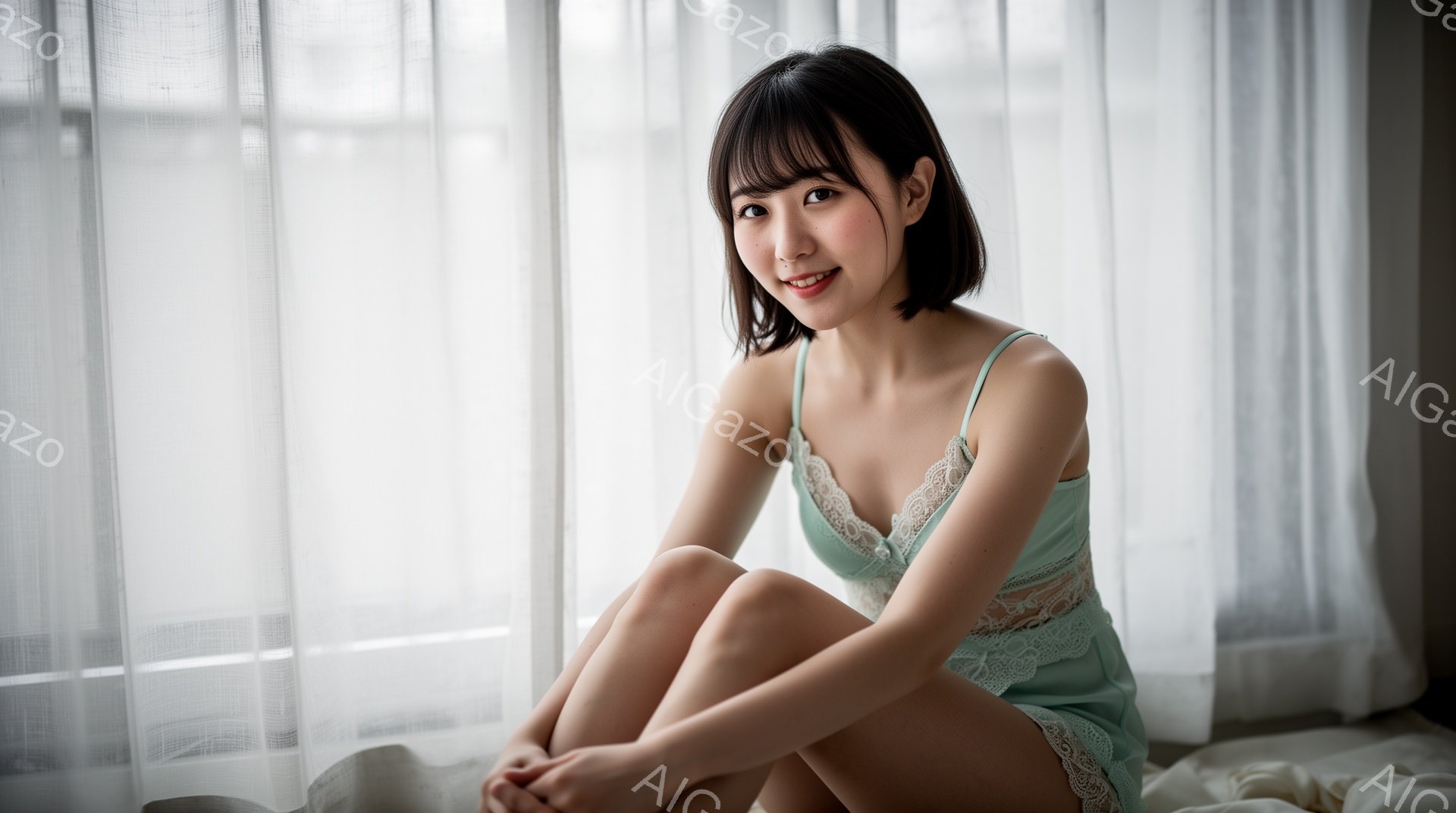 ショートヘアの女性が、淡い水色のレースのキャミソールワンピースを着て、膝を抱えて座っています。彼女は微笑んでおり、明るく親しみやすい表情をしています。背景は白いカーテンで、柔らかい光が差し込み、穏やか - AI生成フリー素材