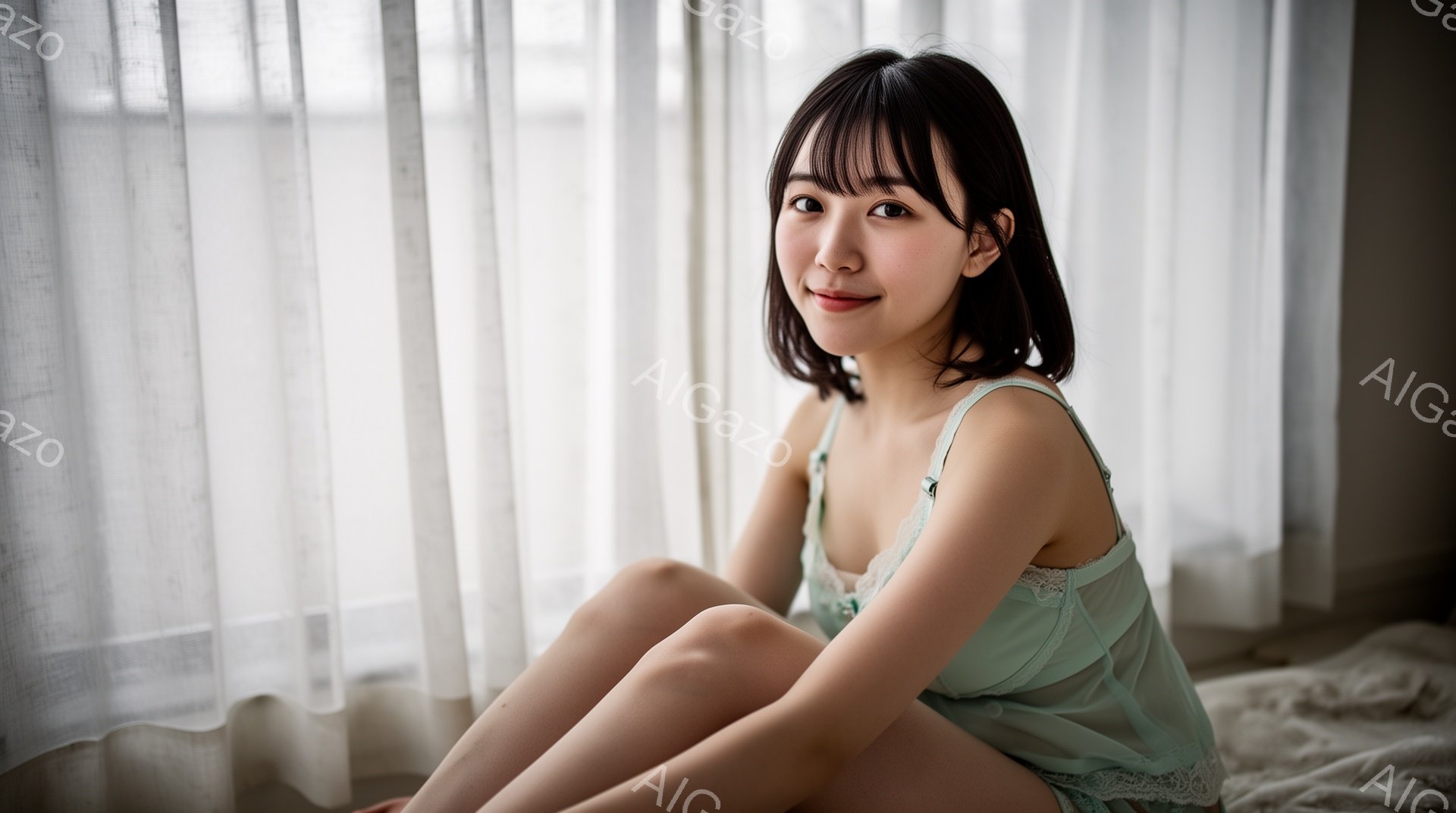 長い前髪と肩までの長さの黒髪が特徴的な女性が、淡いミントグリーンのキャミソールを着て、膝を抱えて座っています。優しい微笑みを浮かべ、リラックスした表情でカメラを見ています。背景は白いレースのカーテンで - AI生成フリー素材