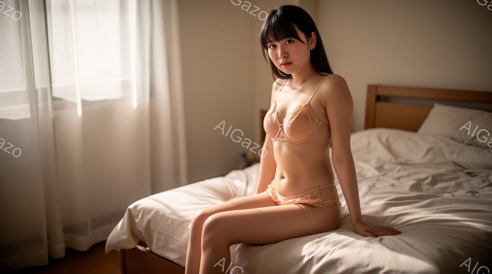 浅いピンク色のレースのブラとショーツを身につけた女性がベッドに座っています。彼女は黒髪で、前髪は眉毛にかかっており、表情は穏やかで少し微笑んでいます。背景は薄暗く、ベッドとカーテンが見え、全体的に柔ら - AI生成フリー素材