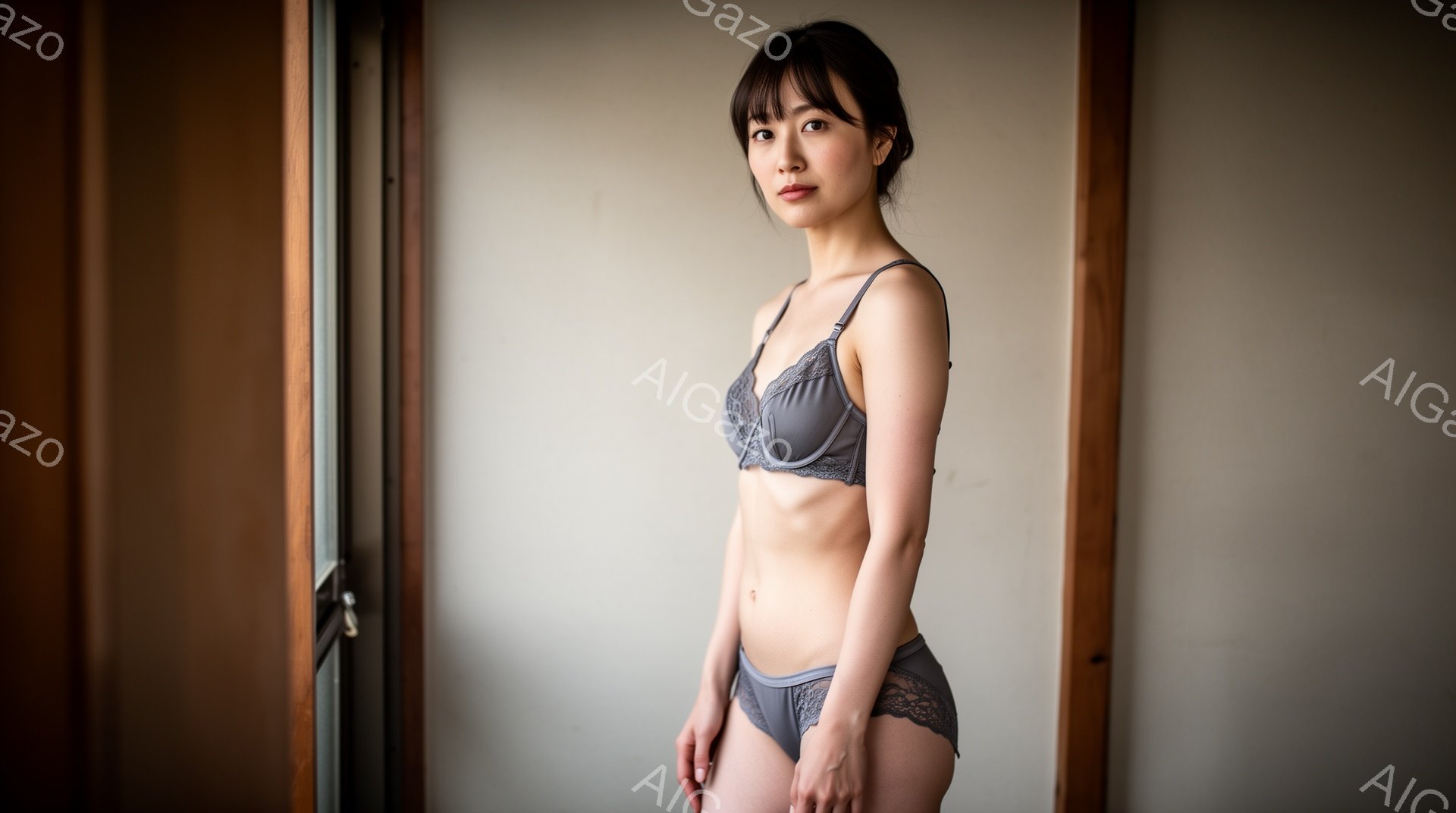 画像には、薄いグレーのレースのブラとショーツを身につけた若い女性が写っています。彼女は真っ直ぐに立っており、少し内側を向いており、穏やかでわずかに憂いのある表情をしています。背景は薄い灰色の壁と木製のドア枠で、全体的に控えめで落ち着いた雰囲気です。