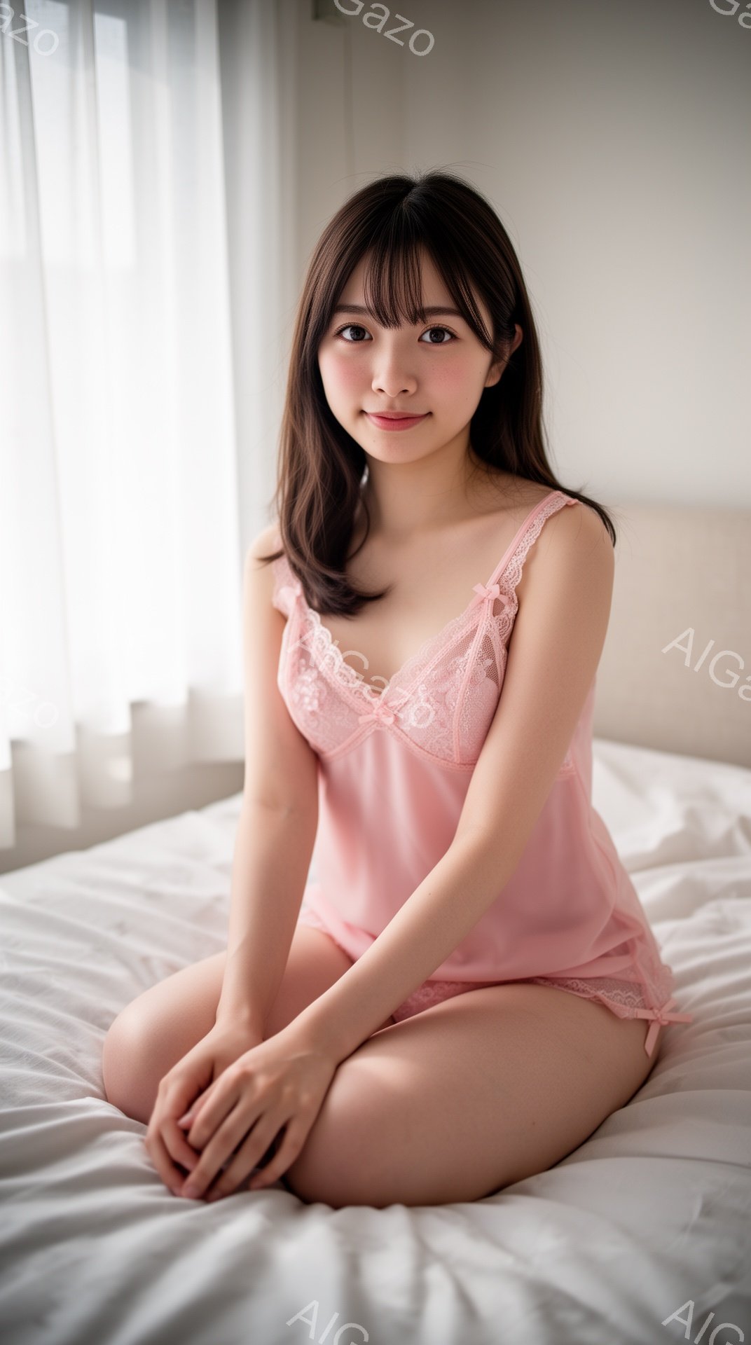 ピンク色のキャミソールとショーツ姿の女性が、白いベッドに座ってこちらを見ている。彼女は長い黒髪で、微笑みを浮かべており、リラックスした雰囲気である。背景は白く、室内で撮影されたことがわかる。 - AI生成フリー素材