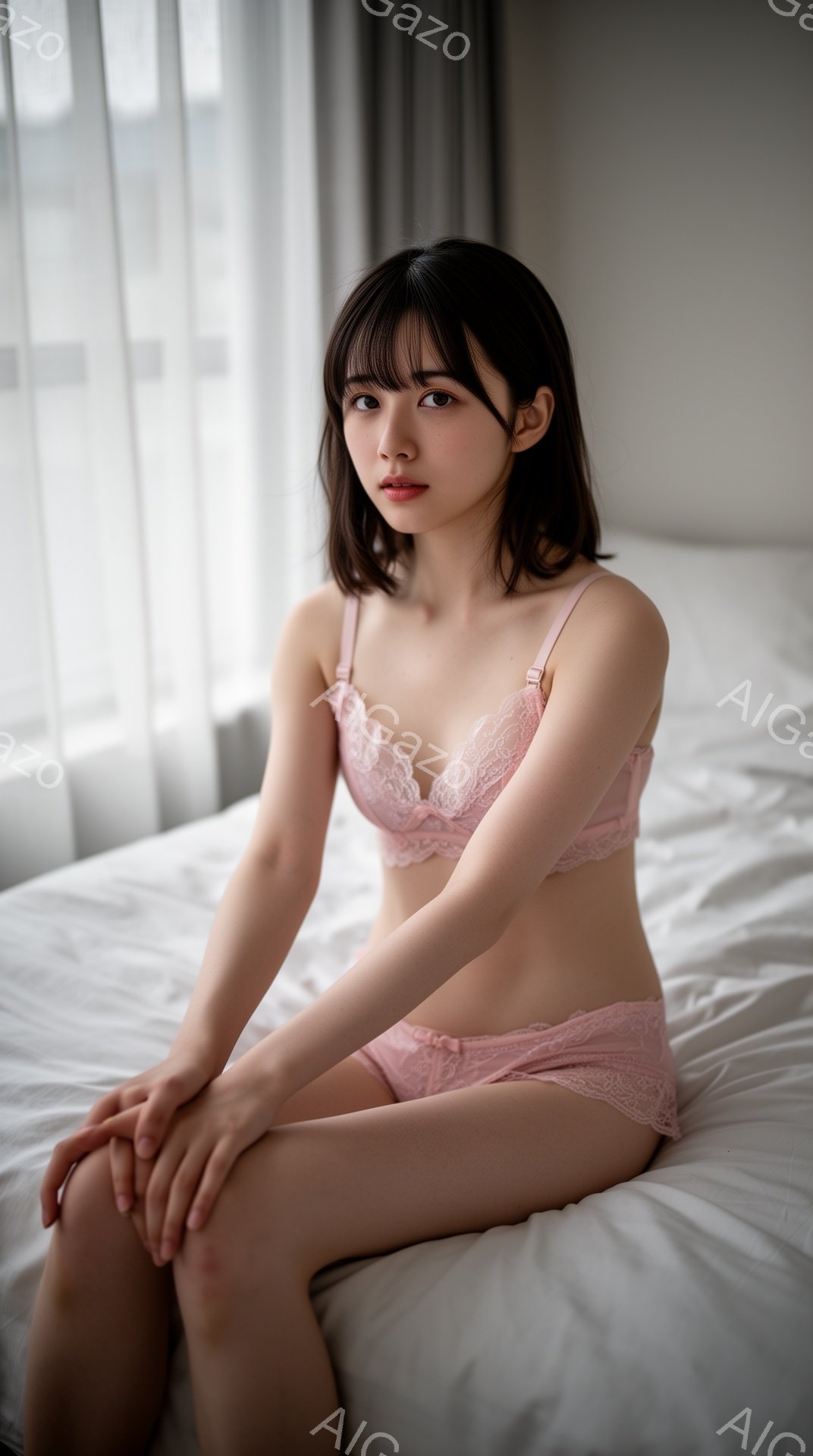 若い女性がベッドに座っており、ピンク色のレースのブラとショーツを身に着けています。彼女は黒髪で、前髪が目にかかるようにカットされています。表情はやや控えめで、落ち着いた雰囲気です。