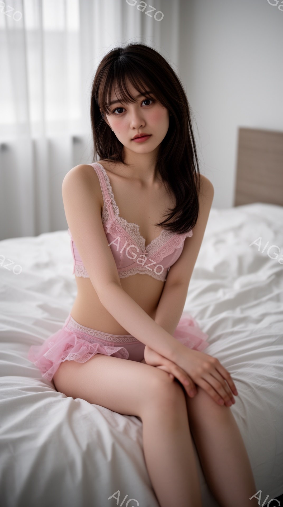 長い黒髪を肩にかかった状態で、ピンク色のレースのブラとショーツを身に着けた女性が描かれています。彼女は白いベッドに座り、少し微笑みを浮かべた表情でカメラを見ています。背景は明るい室内で、穏やかで優しい - AI生成フリー素材