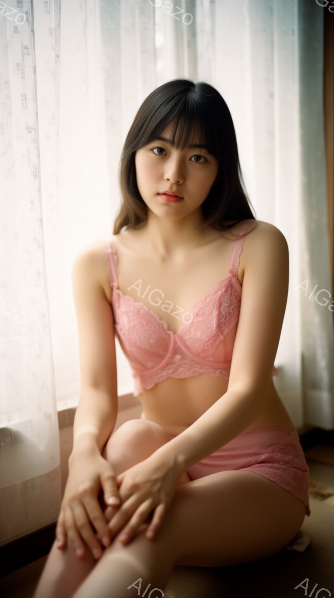 長い黒髪を肩で分けている女性が、ピンク色のレースのブラジャーとショーツ姿で座っています。彼女は膝を曲げ、両手を膝の上に置き、少し憂いを帯びた表情で正面を見つめています。背景は白くぼやけたカーテンと畳の - AI生成フリー素材