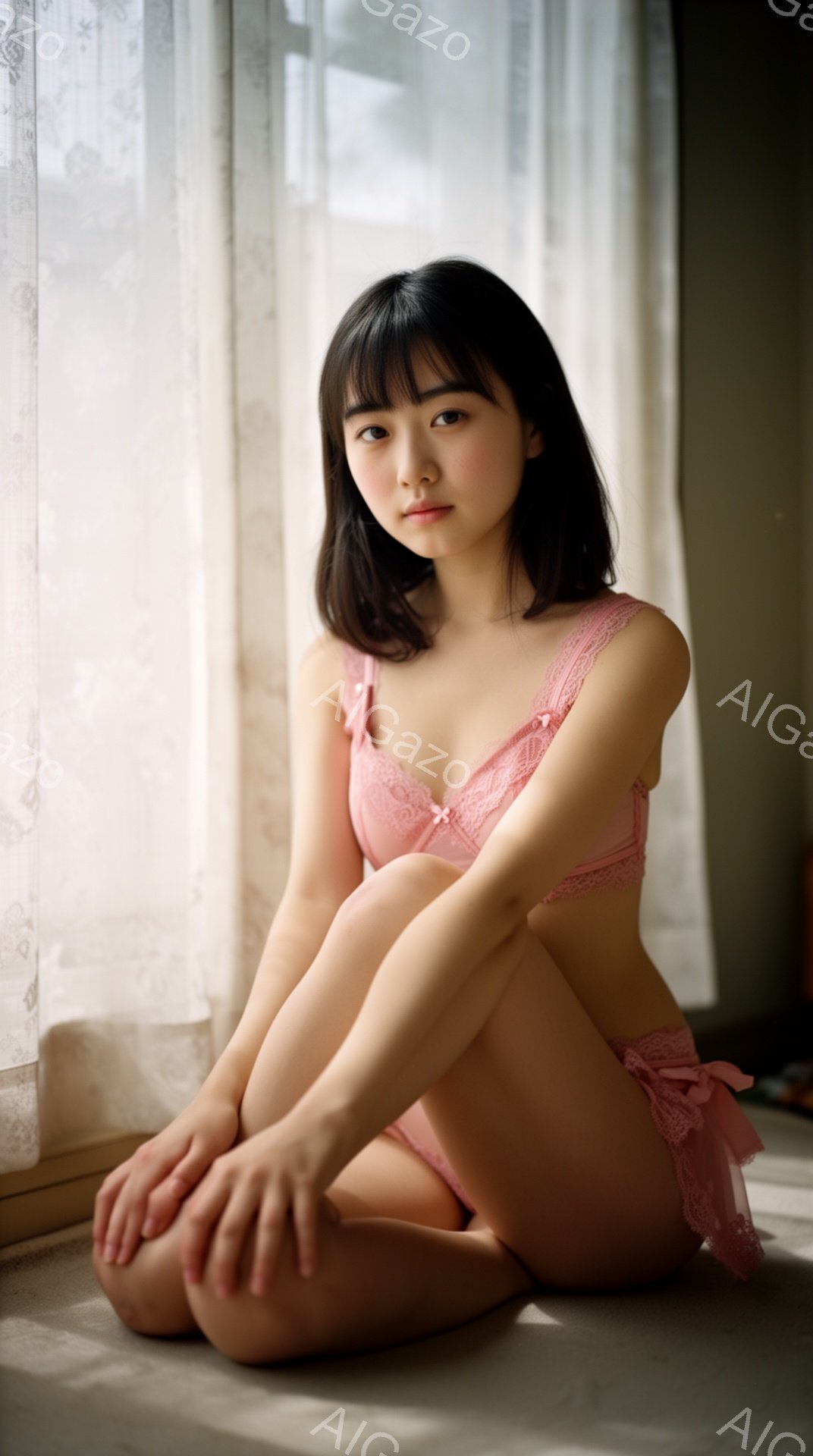 黒髪の女性が、薄いピンク色のレースのランジェリーセットを身に着けて、床に座っています。彼女は膝を抱え、少し内を向いた表情で、穏やかで控えめな雰囲気を醸し出しています。背景には白いカーテンがあり、柔らか - AI生成フリー素材