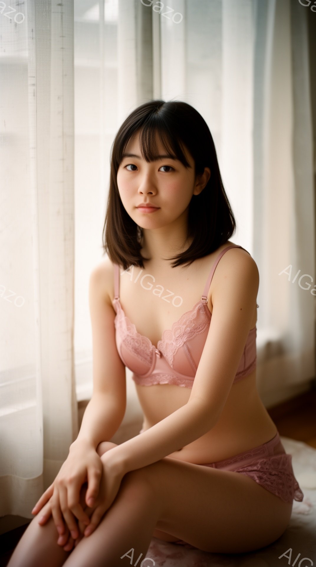 ショートヘアの女性が、ピンク色のレースのブラとショーツを着用し、膝を曲げて座っています。彼女は落ち着いた表情でカメラを見つめており、背景には白いカーテンと柔らかな光が差し込んでいます。 全体的に、彼女 - AI生成フリー素材