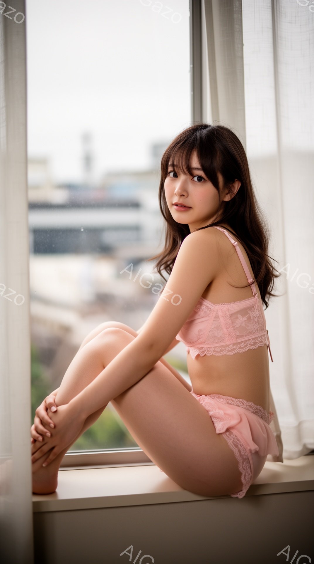 長いダークブラウンの髪を持つ若い女性が、窓枠に座って足を組んでいます。彼女は、薄いピンク色のレースのブラとショーツを身に着けており、控えめな表情でカメラを見ています。背景には、曇り空の下の都市の建物が - AI生成フリー素材