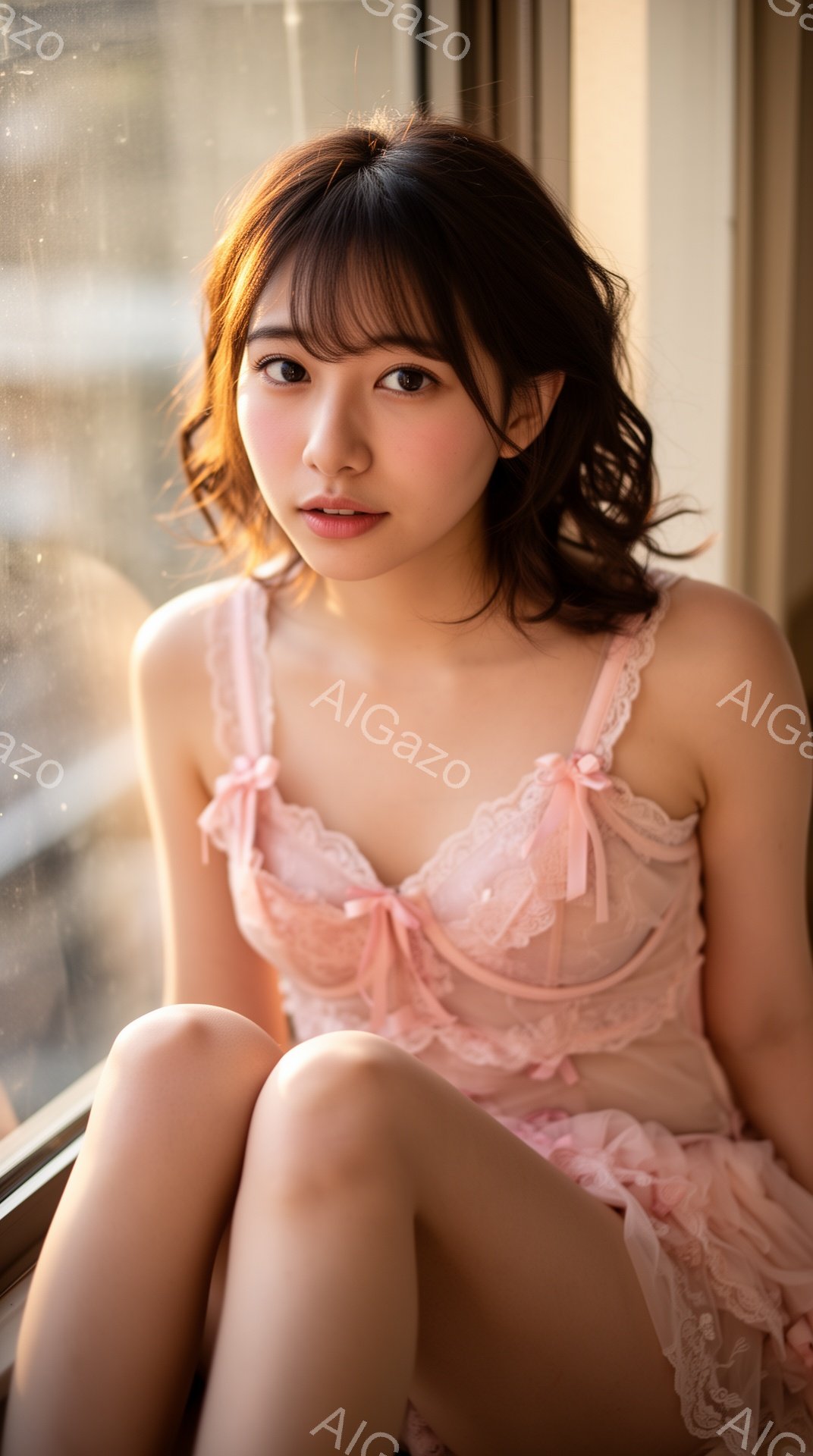 モデルは、パステルピンクの繊細なレースのキャミソールとスカートを身に着けて、膝を抱えて座っています。 彼女は長いダークブラウンの髪を肩にかけ、わずかに微笑んでカメラを見つめています。 背景は窓の外のぼやけた都市の風景で、全体的に柔らかく、夢のような雰囲気を醸し出しています。
