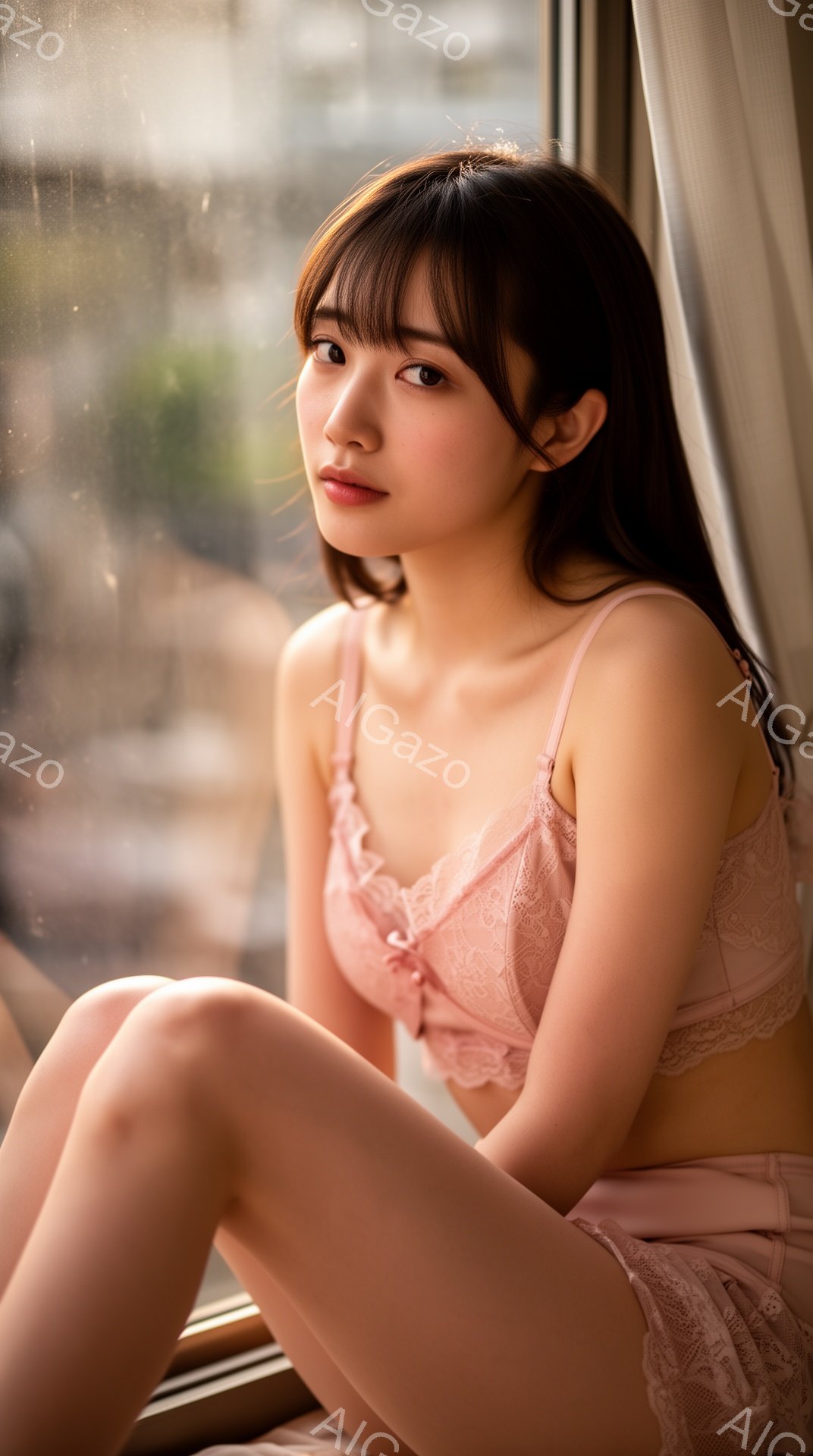 長い黒髪をサイドに流し、前髪を少しだけおろした女性が、窓辺に座ってこちらを見つめています。淡いピンク色のレースのブラとショーツを身につけ、膝を揃えて座る姿はどこか儚げで、柔らかい光に包まれた室内と、ぼ - AI生成フリー素材