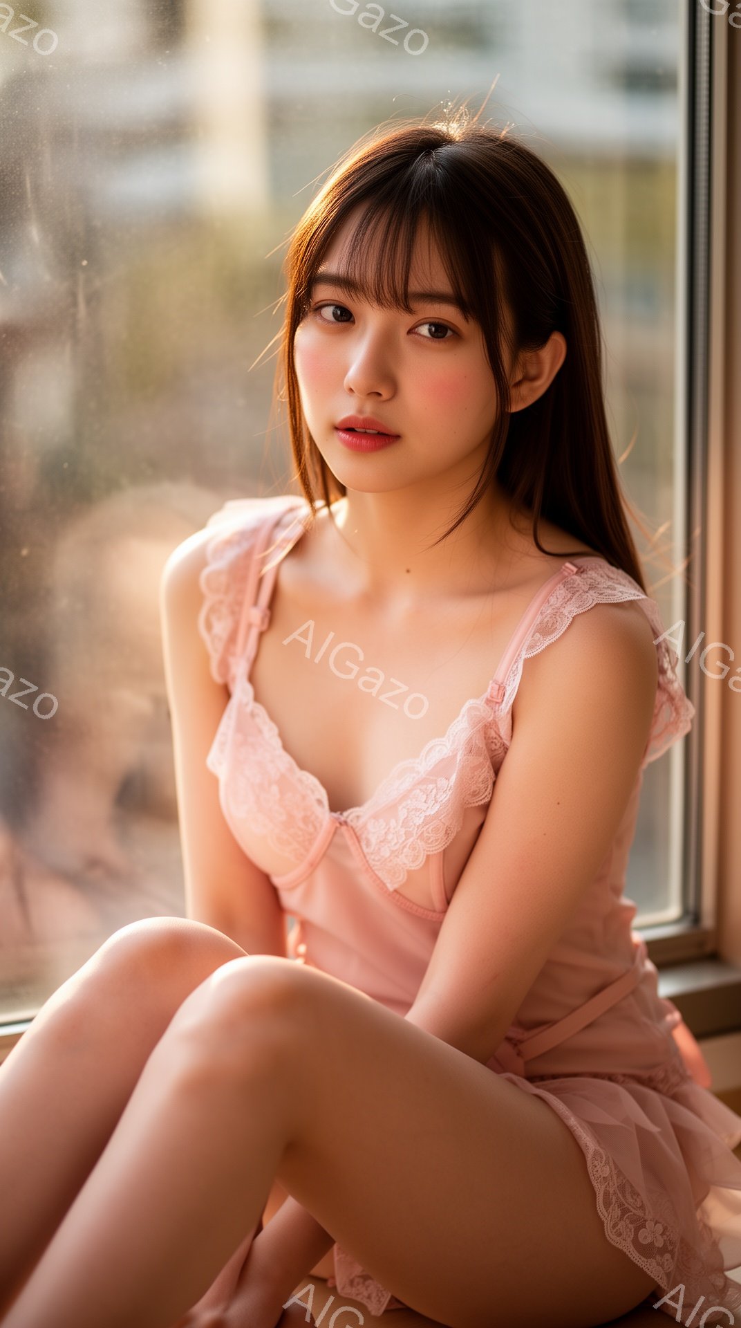 薄いピンク色のレースのキャミソールとスカートを身に着けた若い女性が写っています。彼女は窓際に座り、膝を曲げて少し内側に寄せ、穏やかで控えめな表情を浮かべています。背景にはぼやけた都市の風景が見え、柔らかい光が彼女を照らし、全体的に夢幻的でロマンチックな雰囲気を醸し出しています。