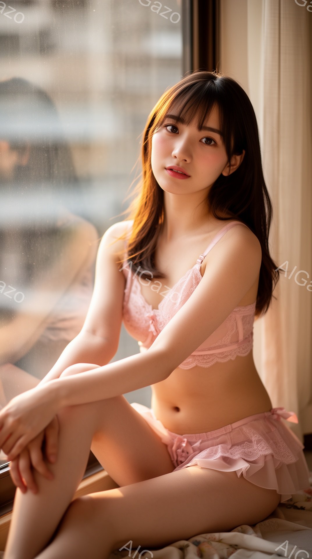 長い茶色の髪を耳にかける若い女性が、窓辺に座ってこちらを見つめています。彼女はピンク色のレースのブラとショーツを身に着け、リラックスしたポーズで足を組んでいます。背景にはぼやけた都市の風景が見え、柔らかい光が室内を照らし、穏やかで親密な雰囲気を醸し出しています。