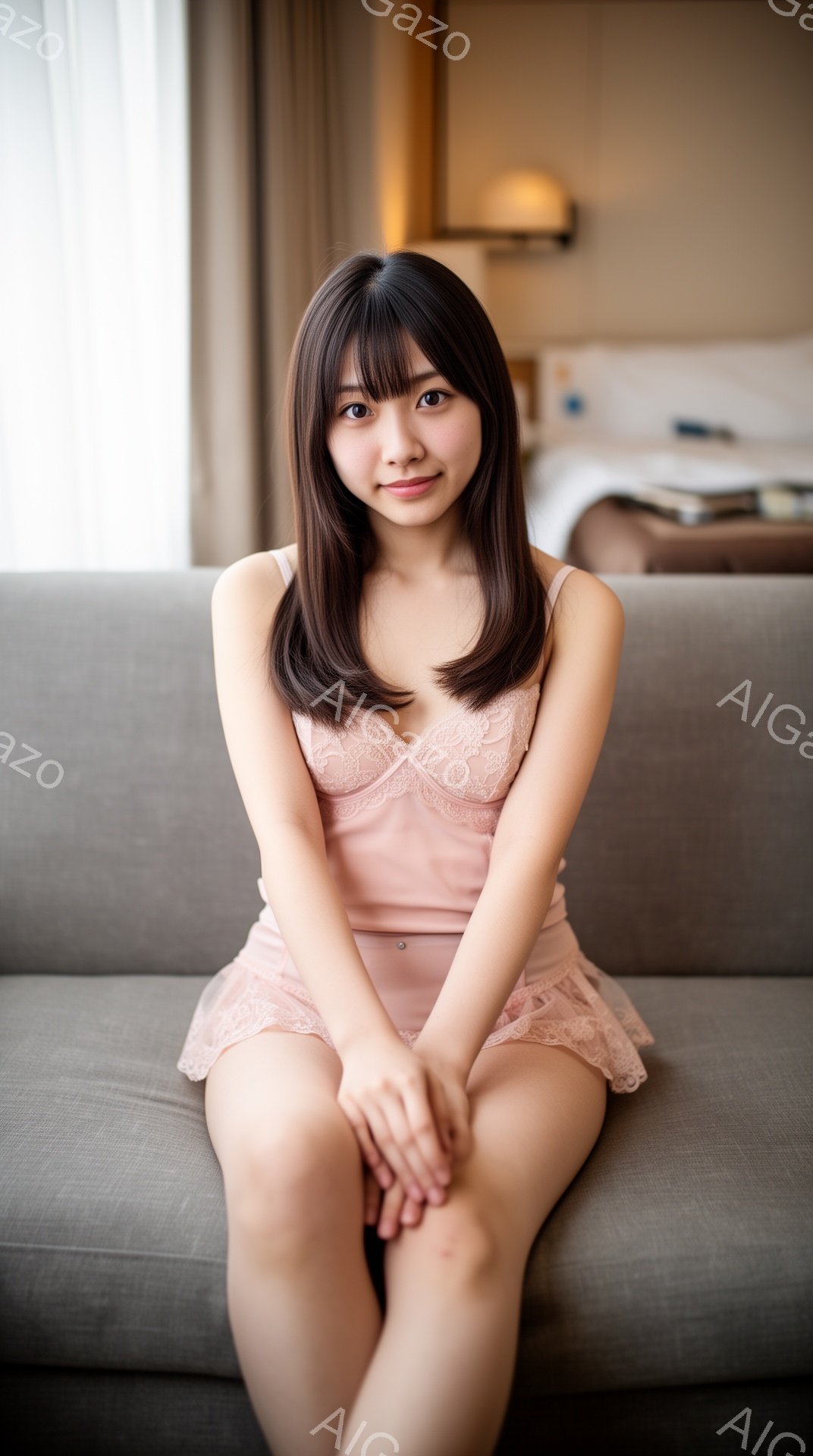 明るい茶色の髪を肩まで伸ばした女性が、薄いピンク色のレースのキャミソールとショートパンツを身につけてソファに座っています。彼女は微笑んでおり、両膝を揃えて優雅な姿勢を保っています。背景にはぼやけたベッ - AI生成フリー素材