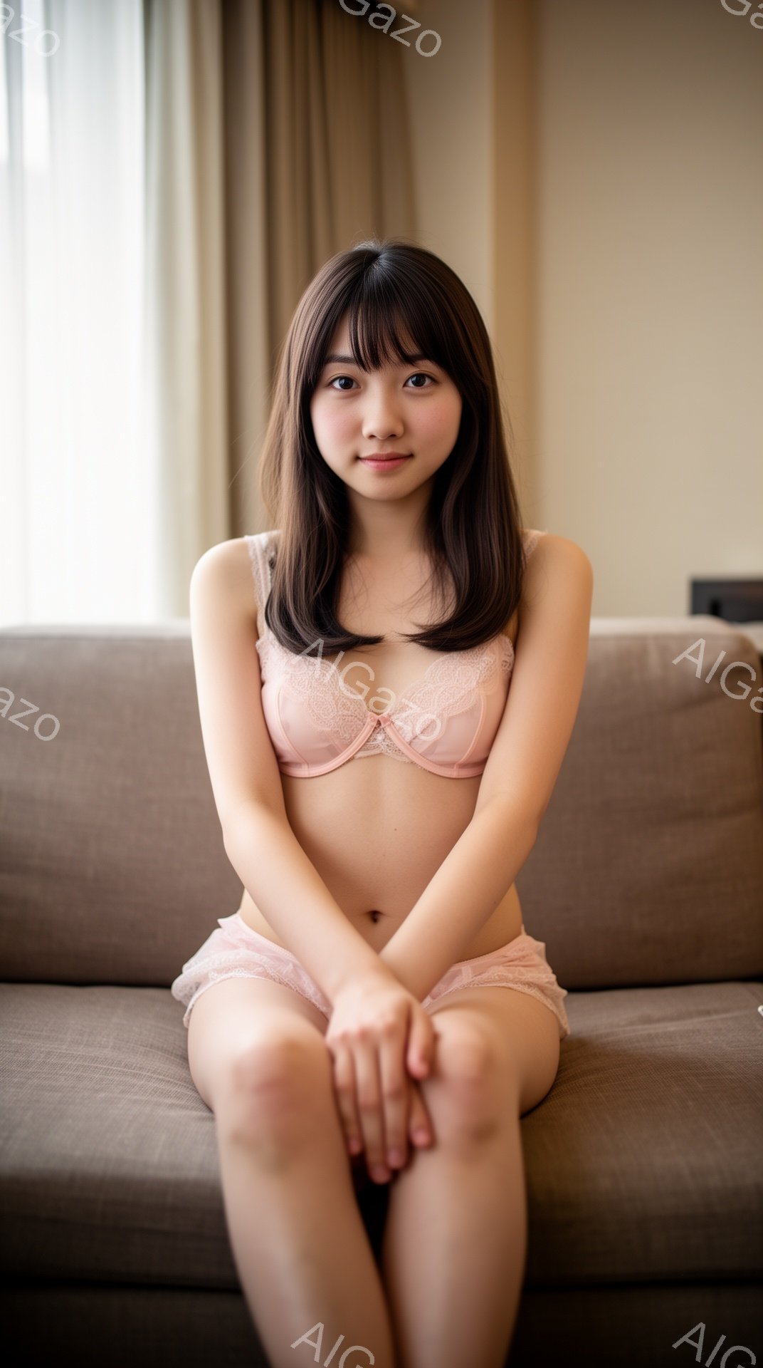 モデルはベージュのソファに座っており、薄いピンク色のレースのブラとショーツを着用しています。ダークブラウンのロングヘアは肩にかかり、穏やかな微笑みを浮かべてカメラを見つめています。背景はシンプルで、窓からの自然光が柔らかく差し込んでおり、リラックスした雰囲気を醸し出しています。