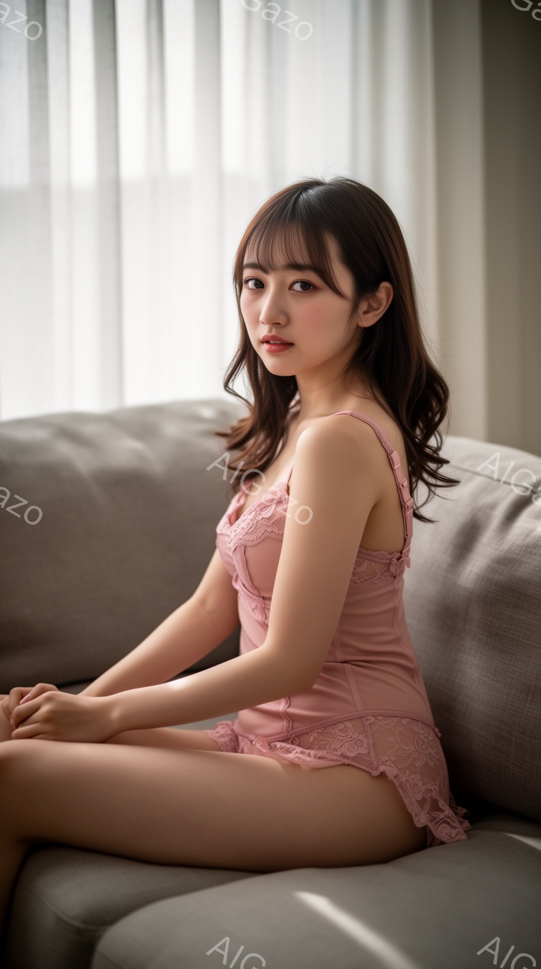 彼女は薄いピンク色のレースのキャミソールとショーツを身につけ、ソファに座って両膝を揃えています。 長い茶色の髪は肩にかかり、少し微笑んだ表情でカメラを見ています。 背景はシンプルで、白いブラインドが並 - AI生成フリー素材