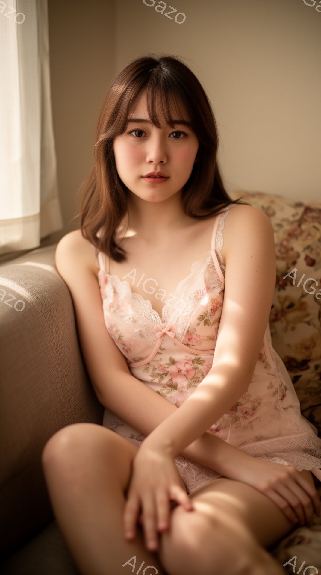 明るい光が差し込む室内で、女性が花柄のキャミソールとショーツ姿でソファに座っている。彼女は長い茶色の髪を肩にかかり、穏やかで控えめな表情を見せている。背景にはぼやけたソファのクッションがあり、全体的に - AI生成フリー素材