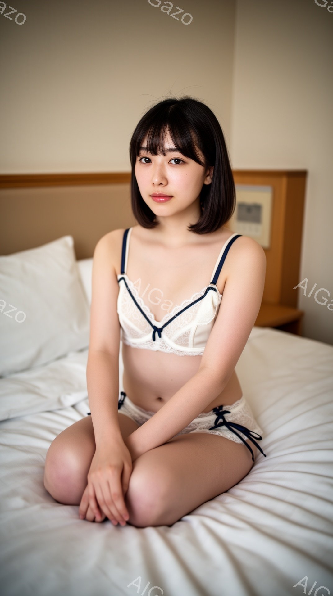 茶髪のボブヘアで前髪を揃えた若い女性が、白いベッドに座って膝を抱えています。オフホワイトのレースがあしらわれたブラとショーツを身につけ、少し微笑んだ表情をしています。背景にはベージュ色のヘッドボードとナイトテーブルが見え、室内は明るく清潔な印象です。