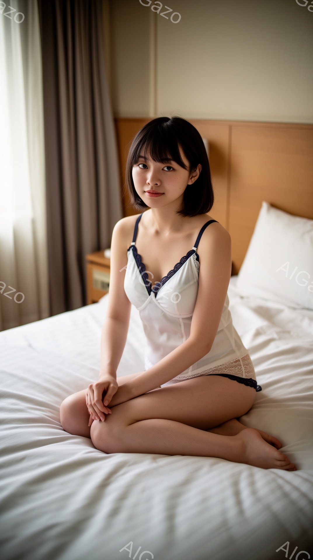 浅黒い髪を肩のあたりで切りそろえた女性が、白いレース付きのキャミソールを身に着け、ベッドに座っています。彼女は足を組んで座っており、表情は穏やかで、わずかに微笑んでいます。背景はベージュ系の壁とベッドリネンで、全体的に柔らかく、落ち着いた雰囲気が漂っています。