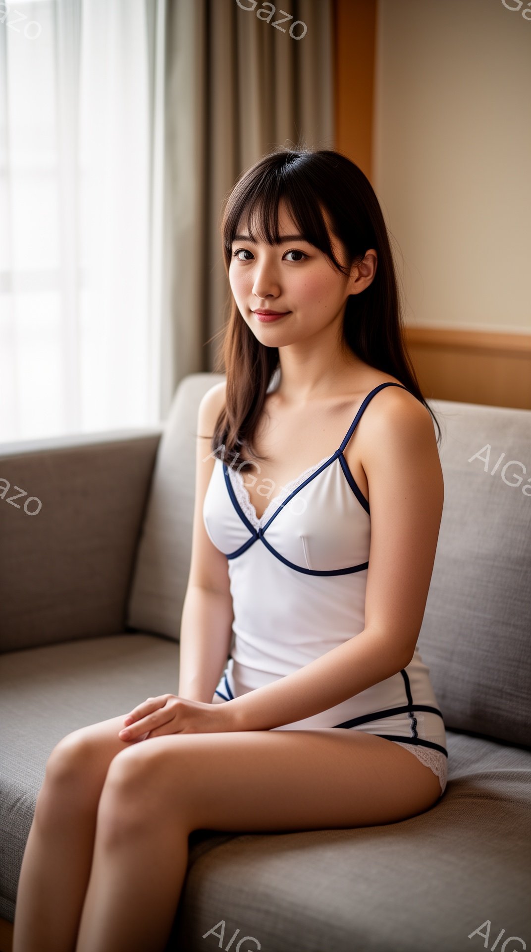 長いダークブラウンの髪をセンターパートにし、前髪を少し長めに残した女性が、グレーのソファに座っています。白いキャミソールとショーツ姿で、控えめな微笑みを浮かべています。背景はぼやけていますが、おそらく - AI生成フリー素材