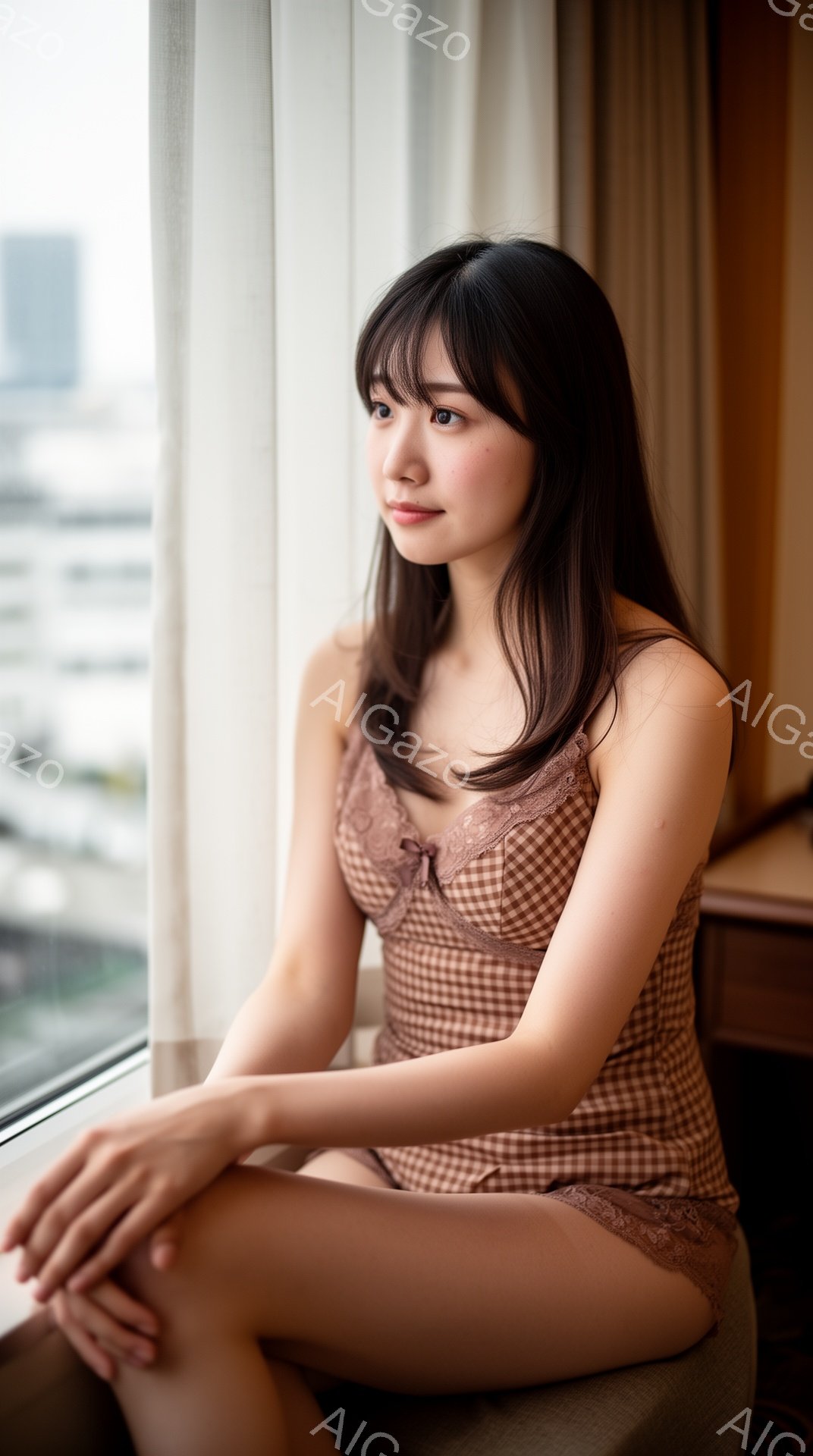 明るい窓辺に腰掛け、チェック柄のキャミソールとショーツ姿の若い女性が写っている。彼女は膝を抱え、少し微笑みながら、どこか遠くを見つめている。背景には高層ビルが見え、晴れた日の穏やかな雰囲気が感じられる - AI生成フリー素材