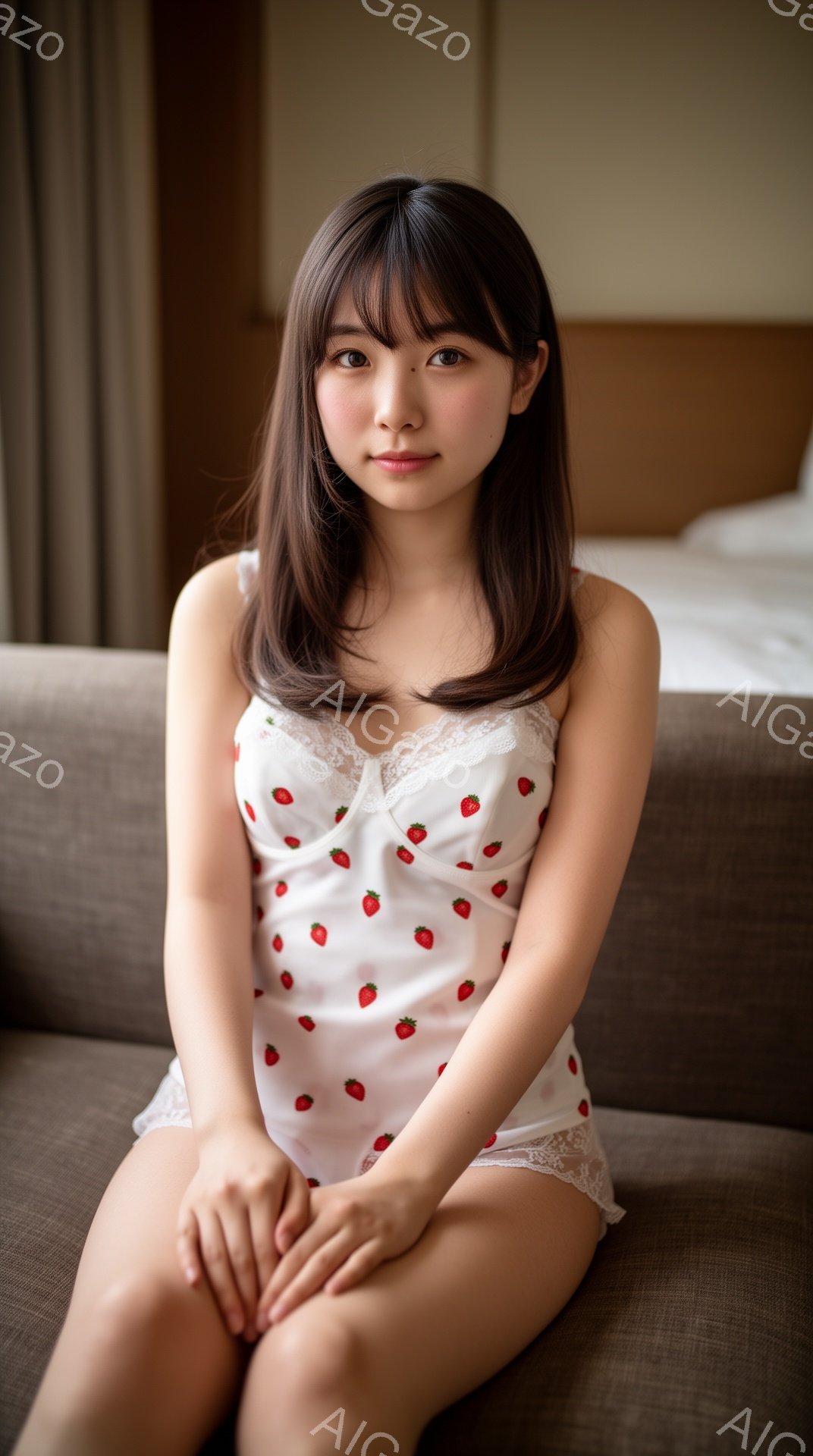 彼女は、イチゴ柄のキャミソールとショーツ姿で、ベージュ色のソファに座っています。肩までかかる長さのダークブラウンの髪は、前髪で顔を縁取り、少し微笑んだ表情でカメラを見つめています。背景は明るい色調で、ベッドの一部が見え、室内空間の温かさを感じさせます。