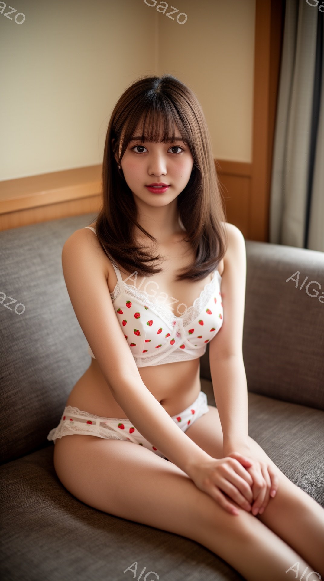 明るい茶色の髪と前髪を持つ若い女性が、イチゴ柄のブラとショーツのセットを着用して、灰色のソファに座っています。彼女は膝を組んでおり、落ち着いた表情でカメラを見つめています。背景はシンプルな部屋で、柔らかい光が差し込んでおり、リラックスした雰囲気を醸し出しています。
